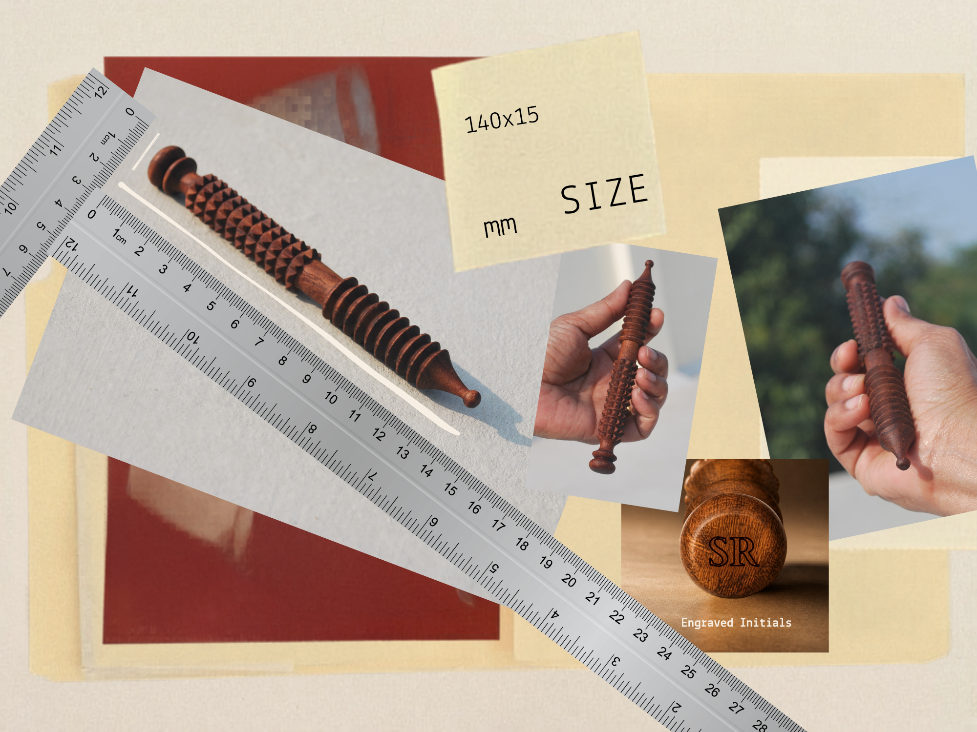Big wooden face massage tool size guide showing 140 x 15 mm design with hand-held scale. Reduces buyer doubt by clearly showing size and compact usability.