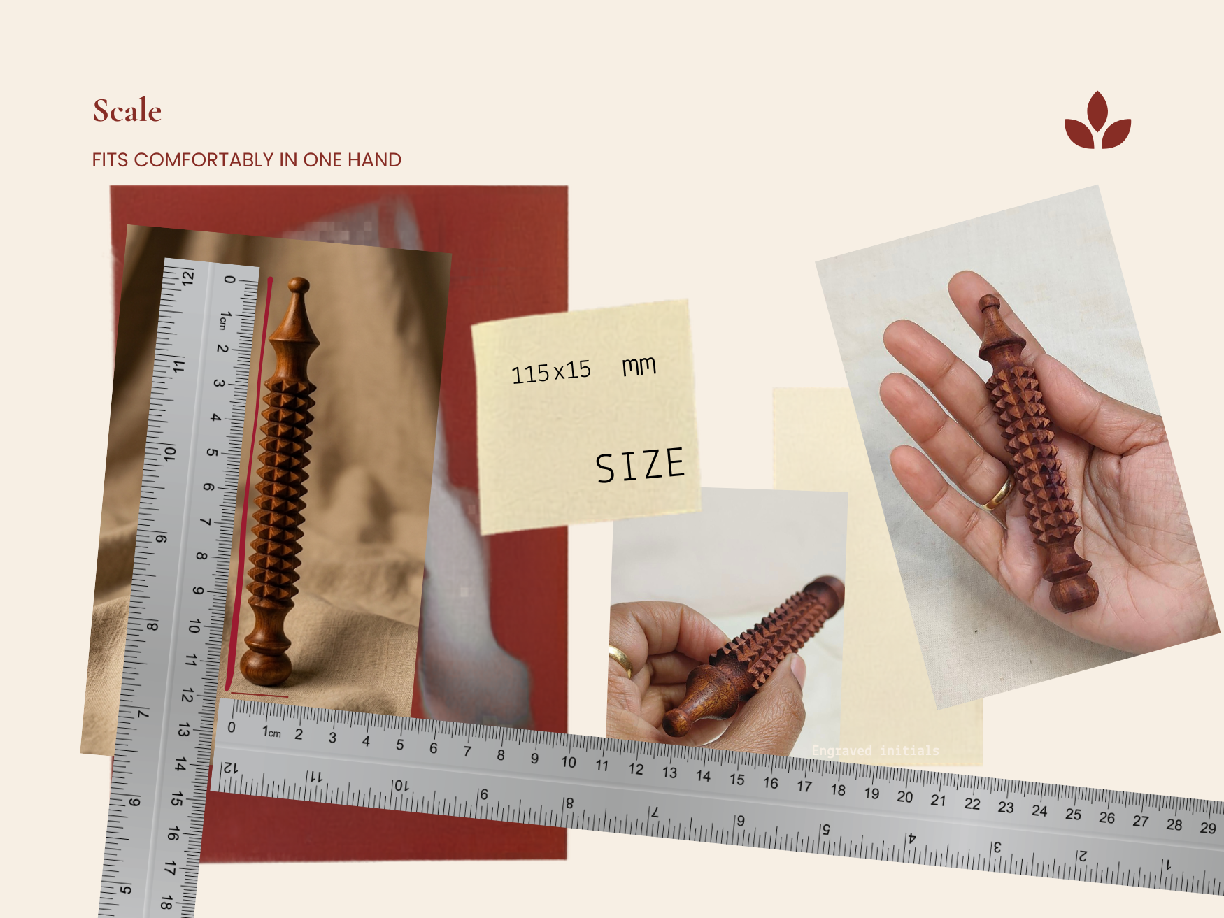 Wooden facial acupressure tool shown with ruler and hand to display compact 115 by 15 millimeter size.
