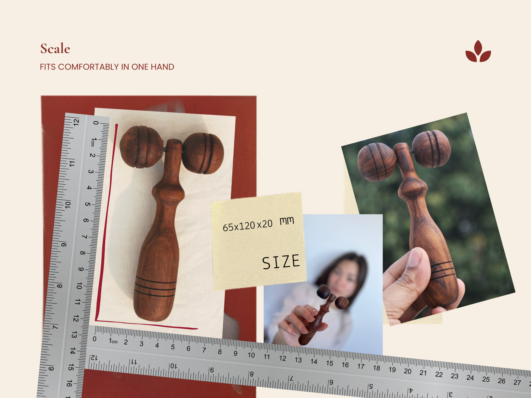 Wooden facial massage roller size 65 x 120 x 20 mm, compact handheld wooden face roller