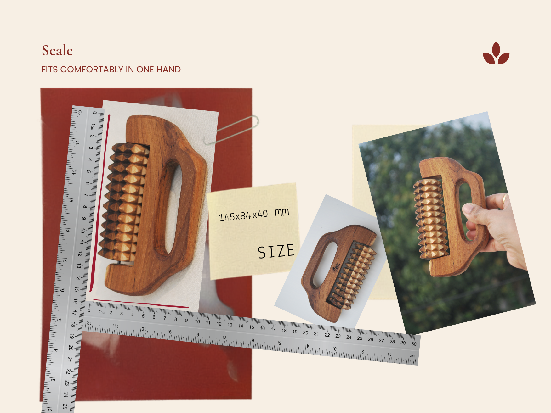 Scale image of wooden cellulite massage tool showing 145 x 85 x 40 mm size and one-hand grip