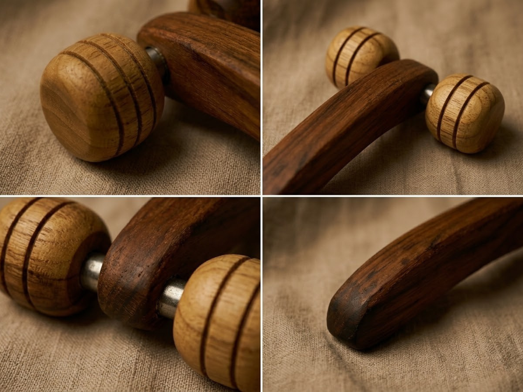 Close-up of handmade wooden lymphatic face roller showing natural wood grain and smooth rolling balls.