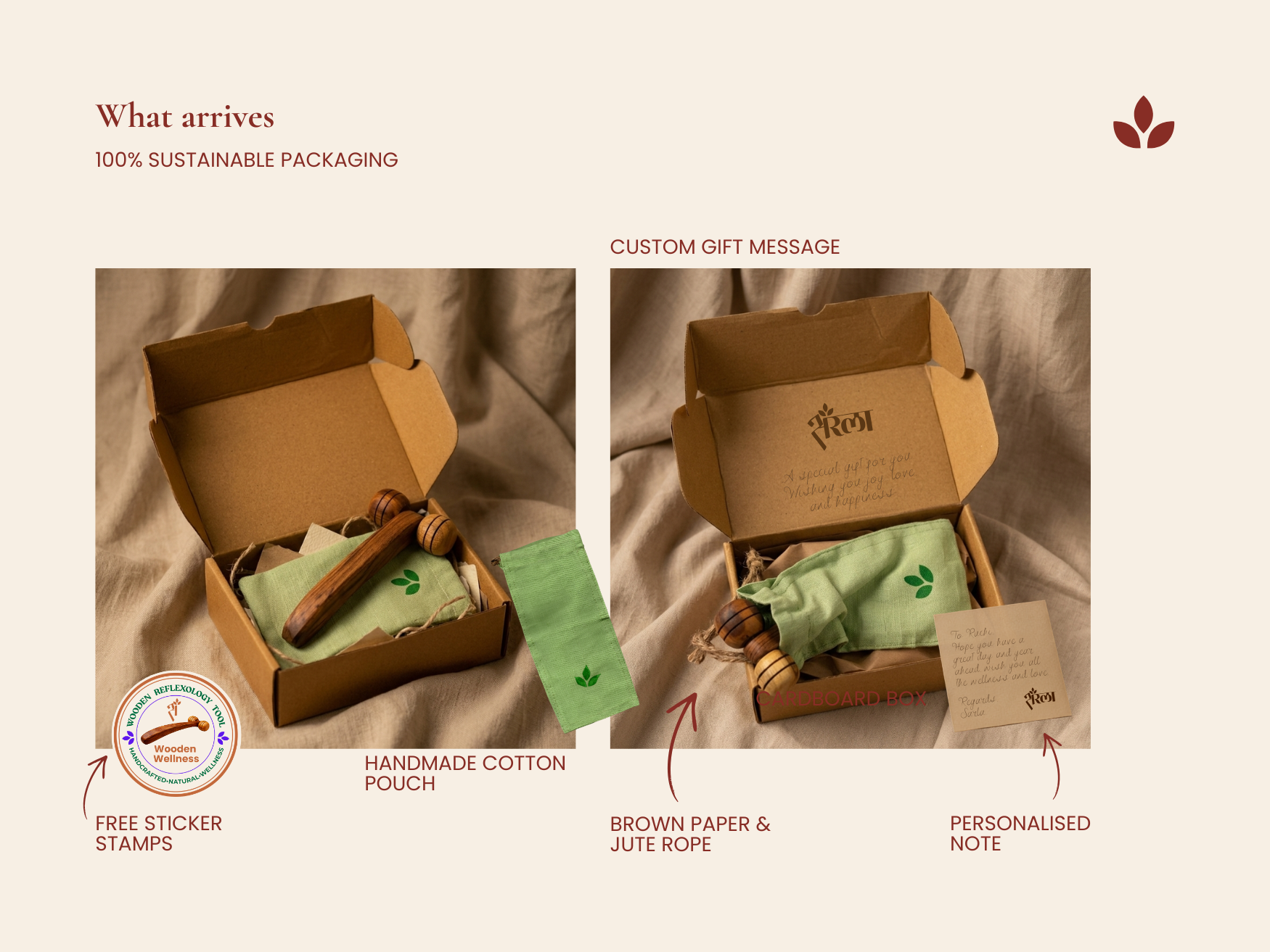 Sustainable packaging for wooden lymphatic face roller with cotton pouch, cardboard box, jute rope and gift note.