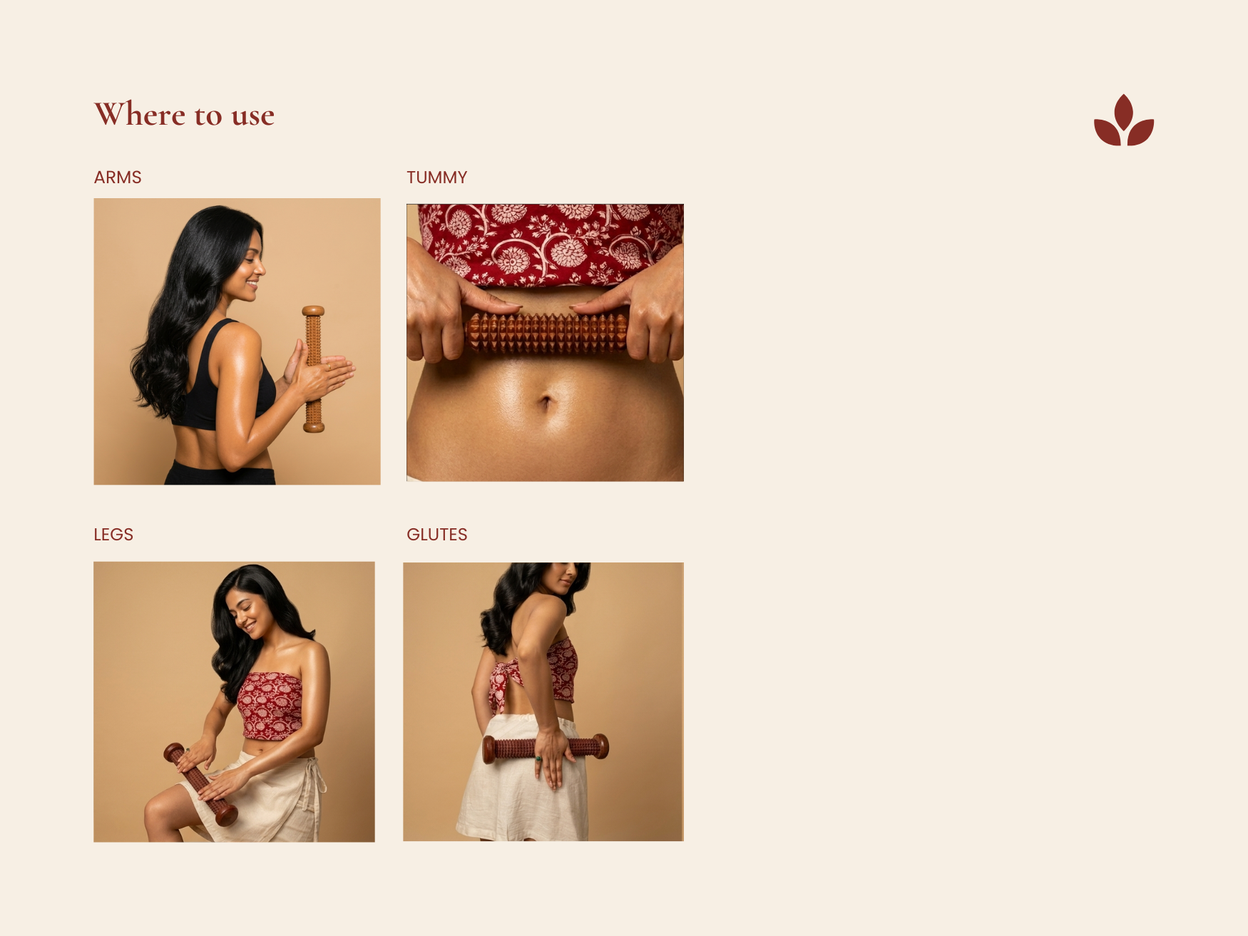 Handmade wooden recovery roller shown for use on arms, tummy, legs and glutes