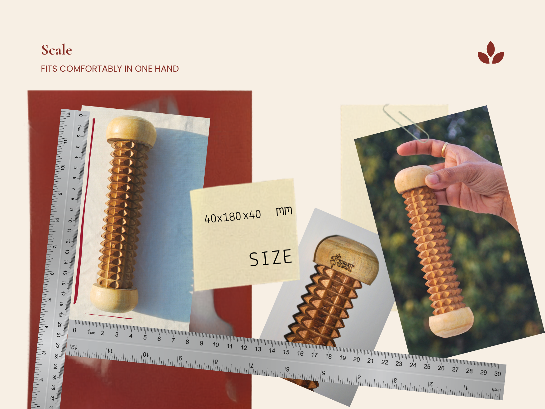 Wooden muscle recovery roller size 40 x 180 x 40 mm held comfortably in one hand