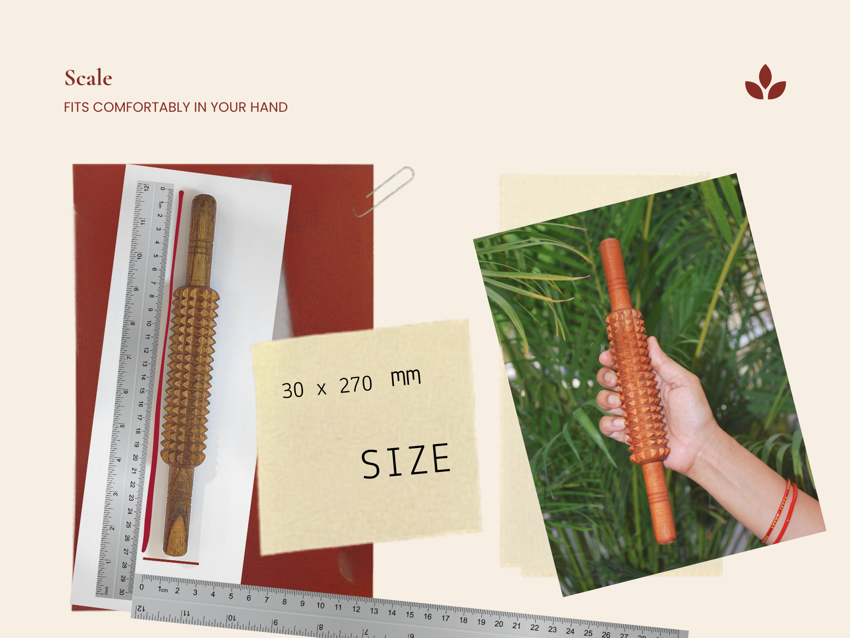 Size image showing a handheld wooden fascia release roller measuring approximately 30 x 270 mm.