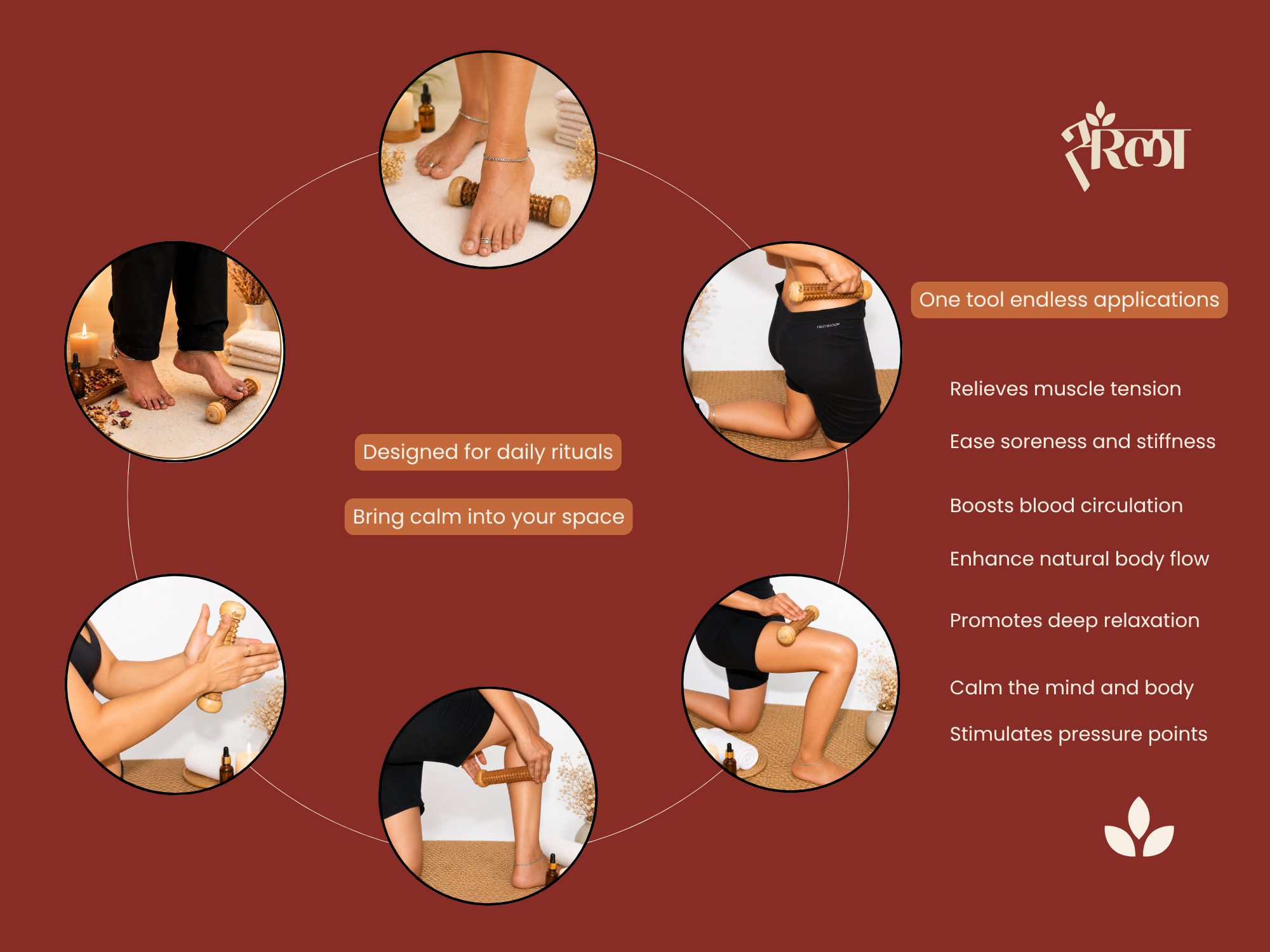 One wooden massage roller for feet, calves, thighs, hands and body tension relief in daily wellness care. Multi-use wooden roller for foot relief, leg massage, hand therapy and muscle relaxation.