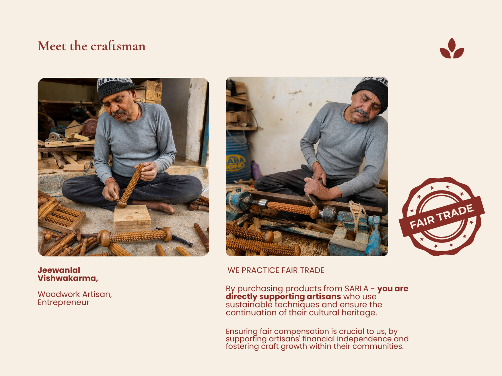 Artisan crafting handmade wooden recovery roller using traditional woodworking techniques
