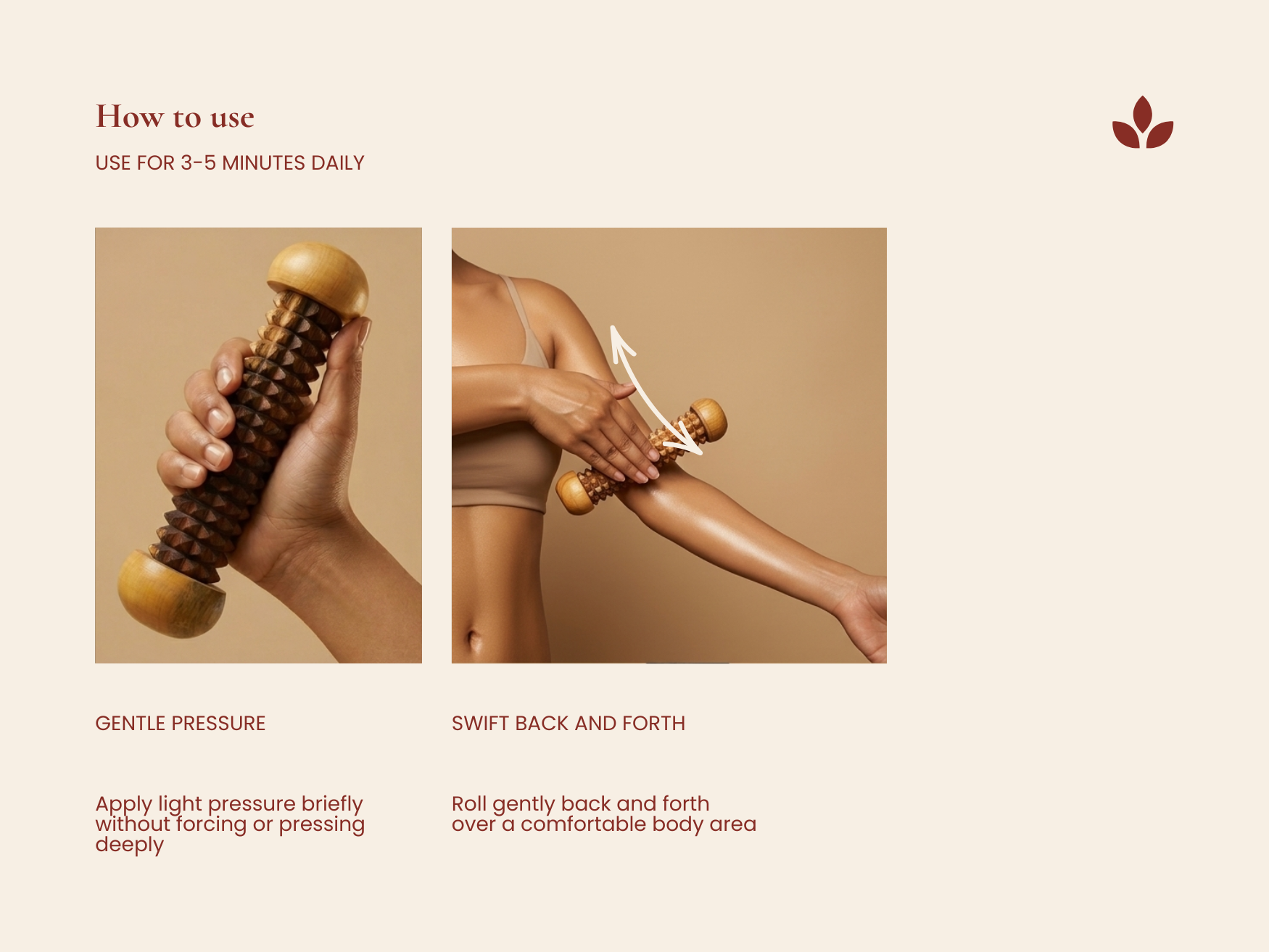 How to use wooden muscle recovery roller with gentle pressure on body