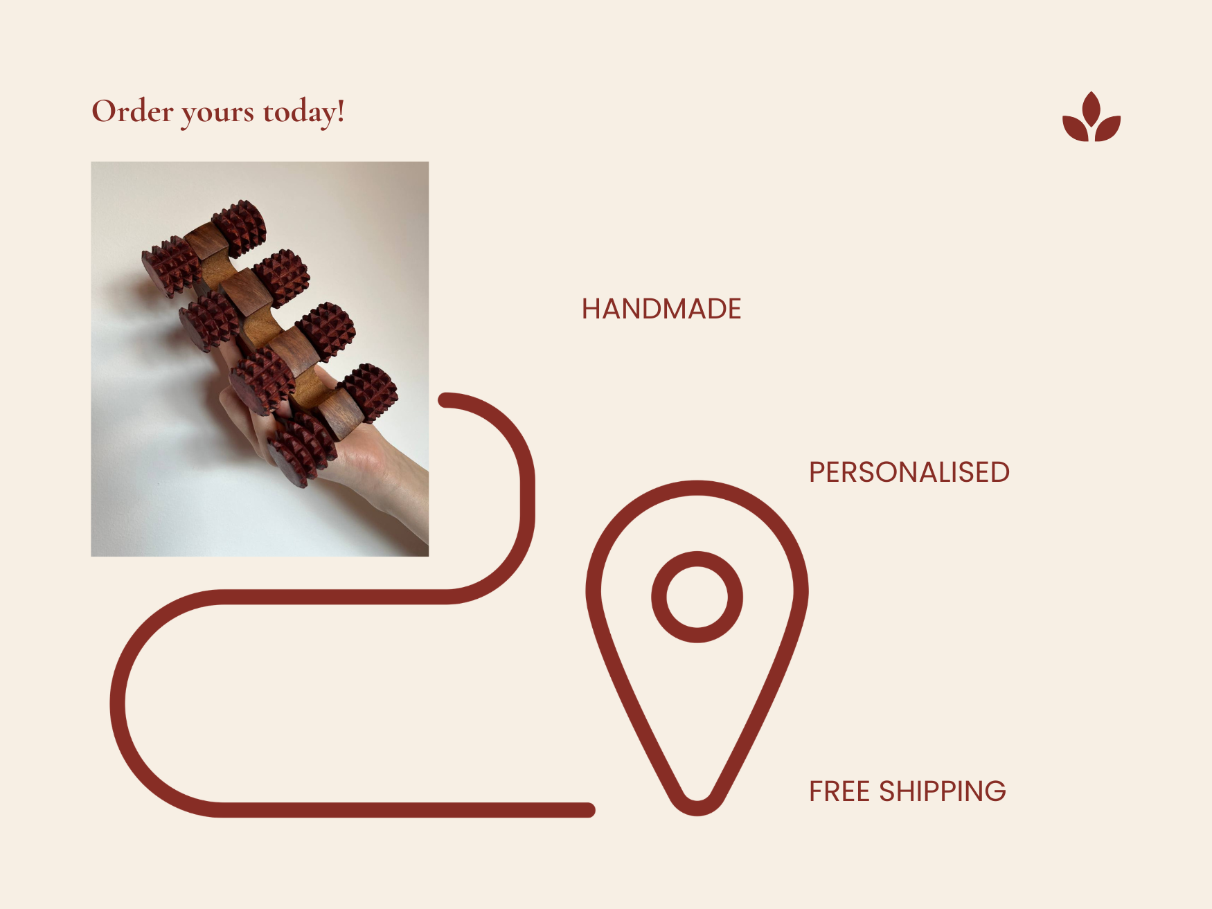 Handmade wooden deep tissue massager with order today message and free shipping graphic