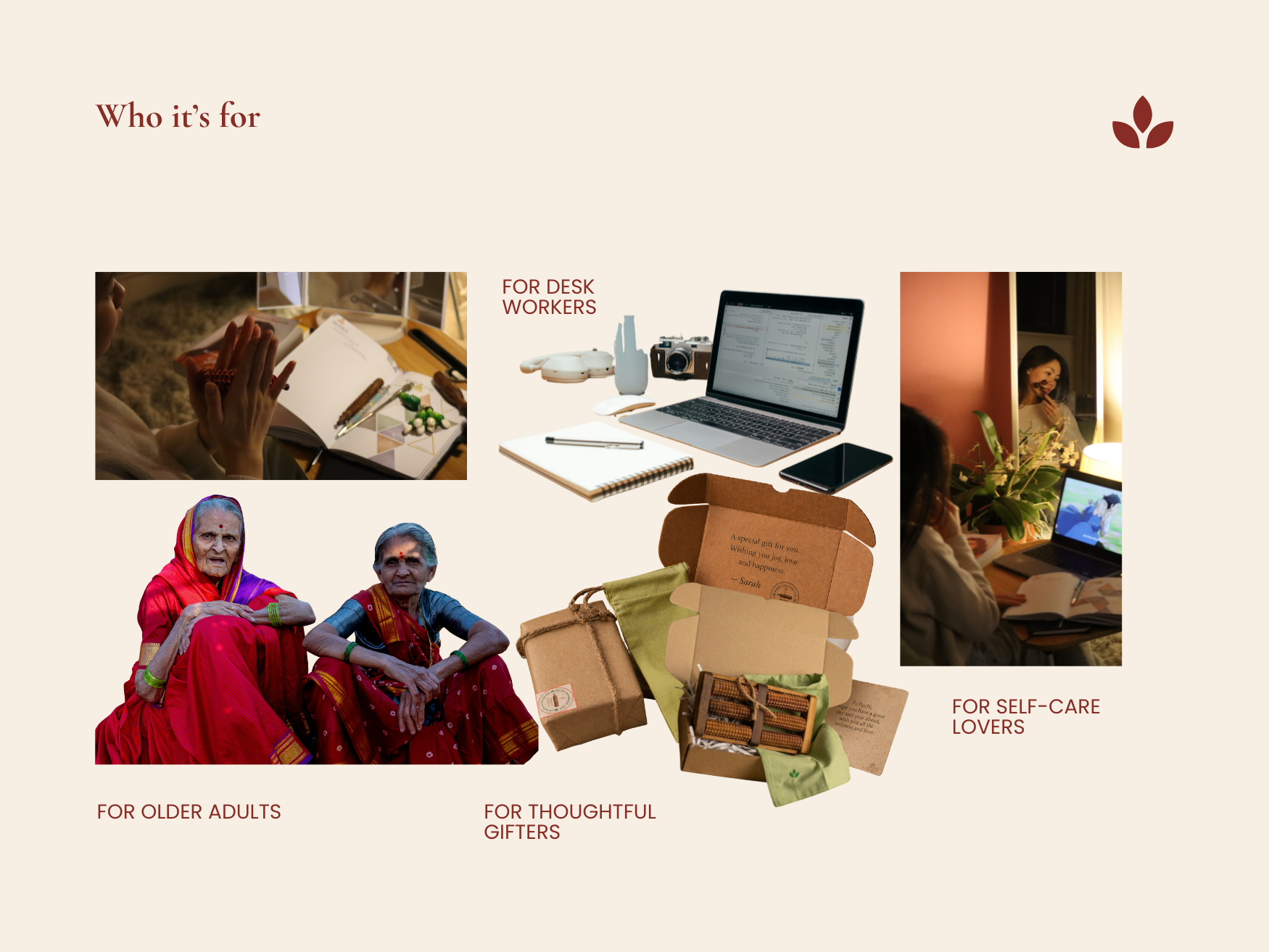 Who it is for graphic showing wooden foot reflexology board as a wellness gift for desk workers, older adults and self-care lovers.