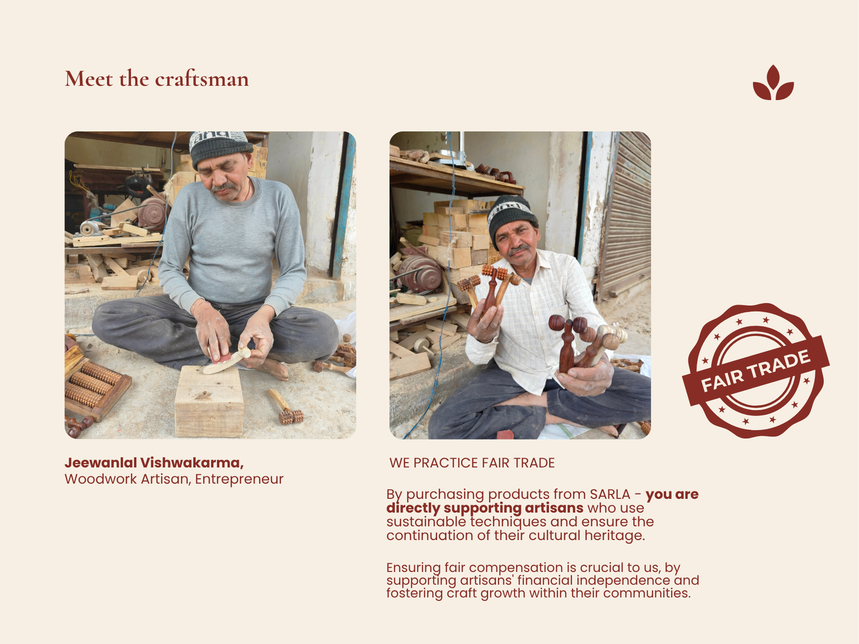 Wood artisan handcrafting wooden wellness tools including lymphatic face roller with fair trade values.