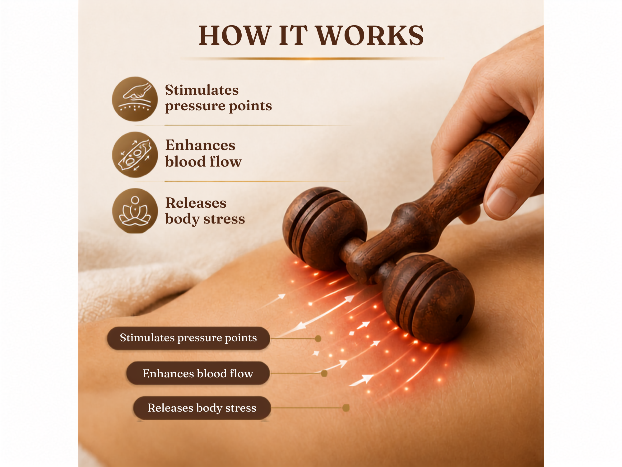 Wooden facial massage roller used on skin to stimulate pressure points and support natural body flow. Explains use and benefits clearly for higher buyer confidence.