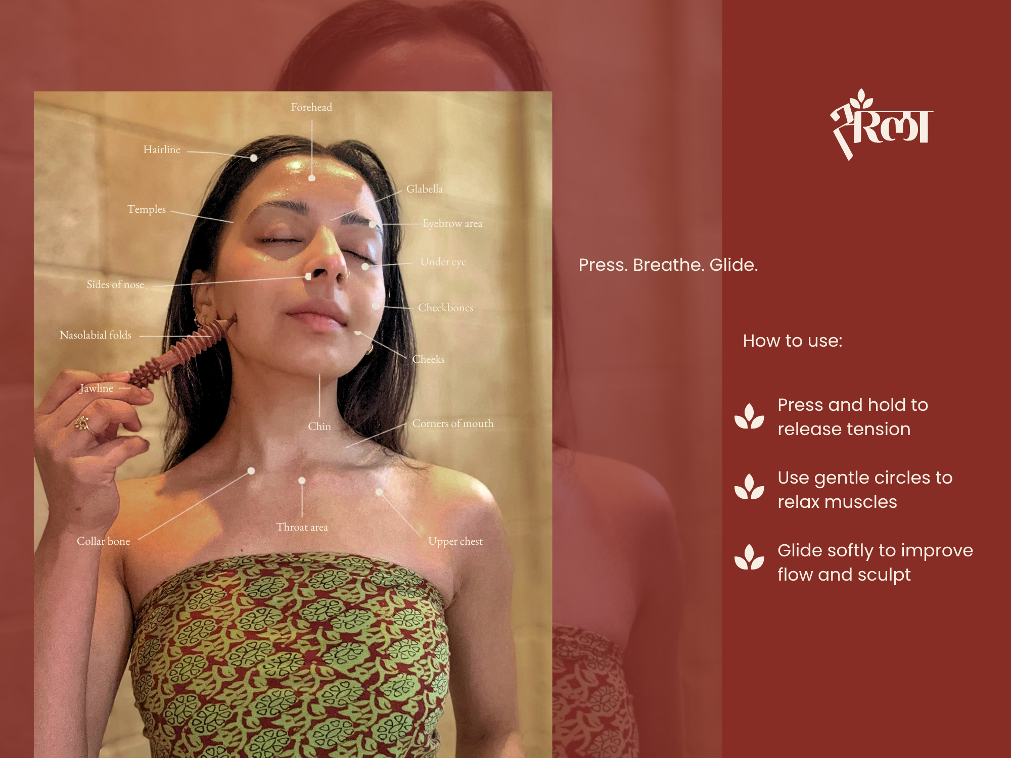 Wooden face massage tool shown with facial pressure points for jawline, cheeks, temples, and chin. Shows where to use the product and improves buyer confidence.