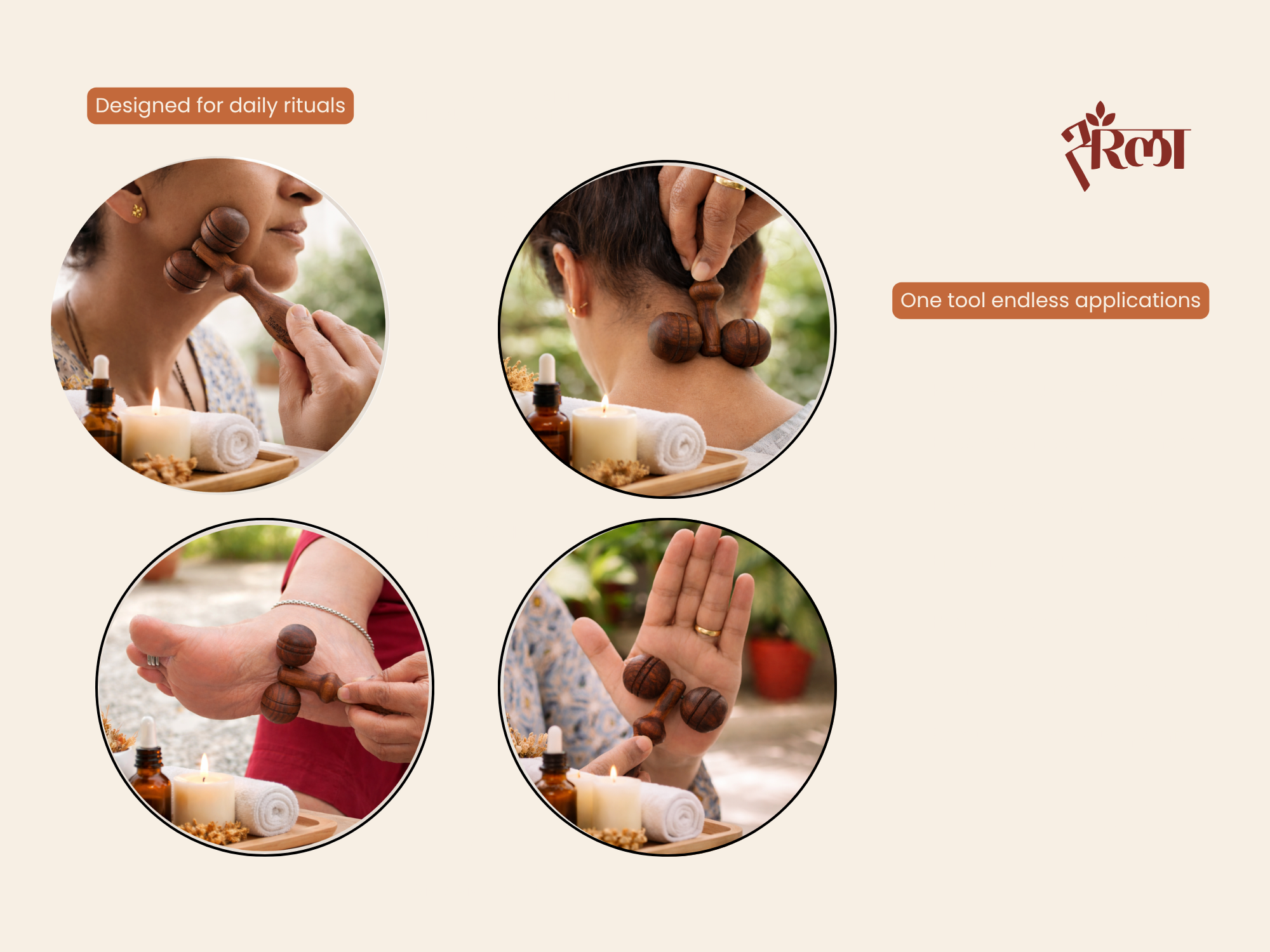 Wooden facial massage roller used for face sculpting, neck relief, hand massage, and feet pressure points. Explains daily ritual uses for wellness, relaxation, and self-care.