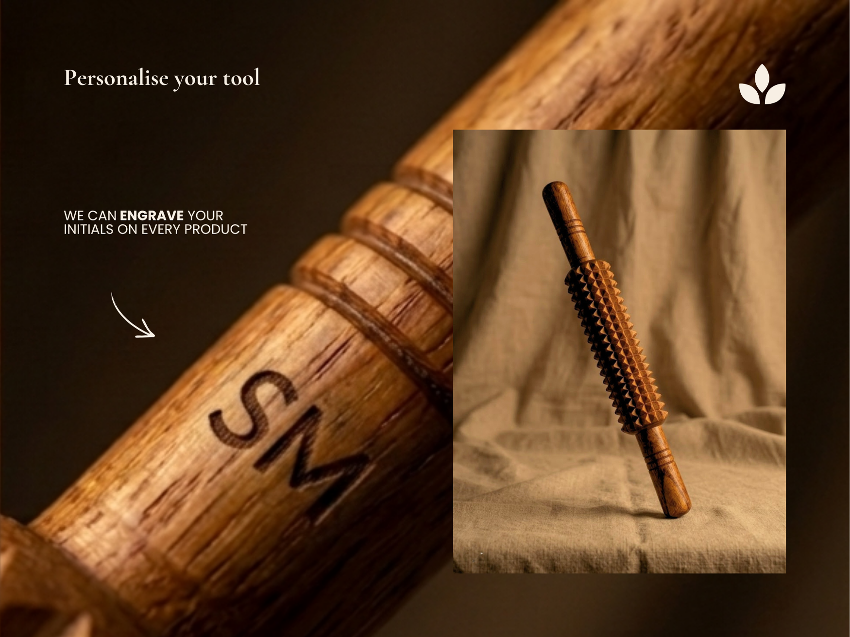 Personalised wooden fascia release roller with engraved initials on the handle and natural wood texture.