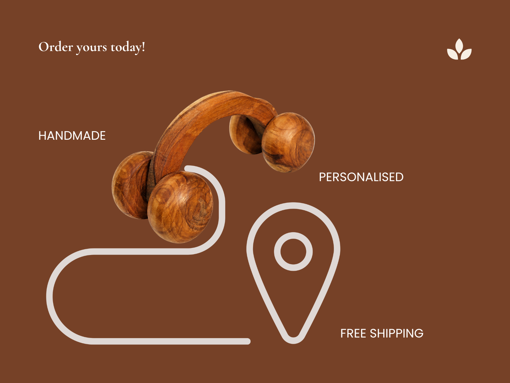 Handmade wooden relaxation massage roller graphic with free shipping, handmade and personalized wellness gift details