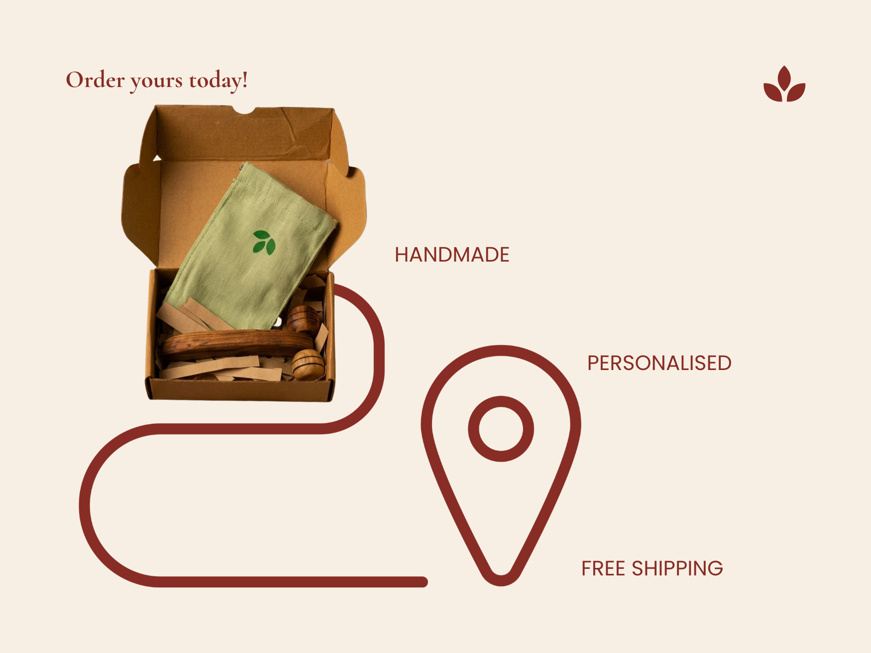 Handmade lymphatic face roller in sustainable gift box with cotton pouch and free shipping message.
