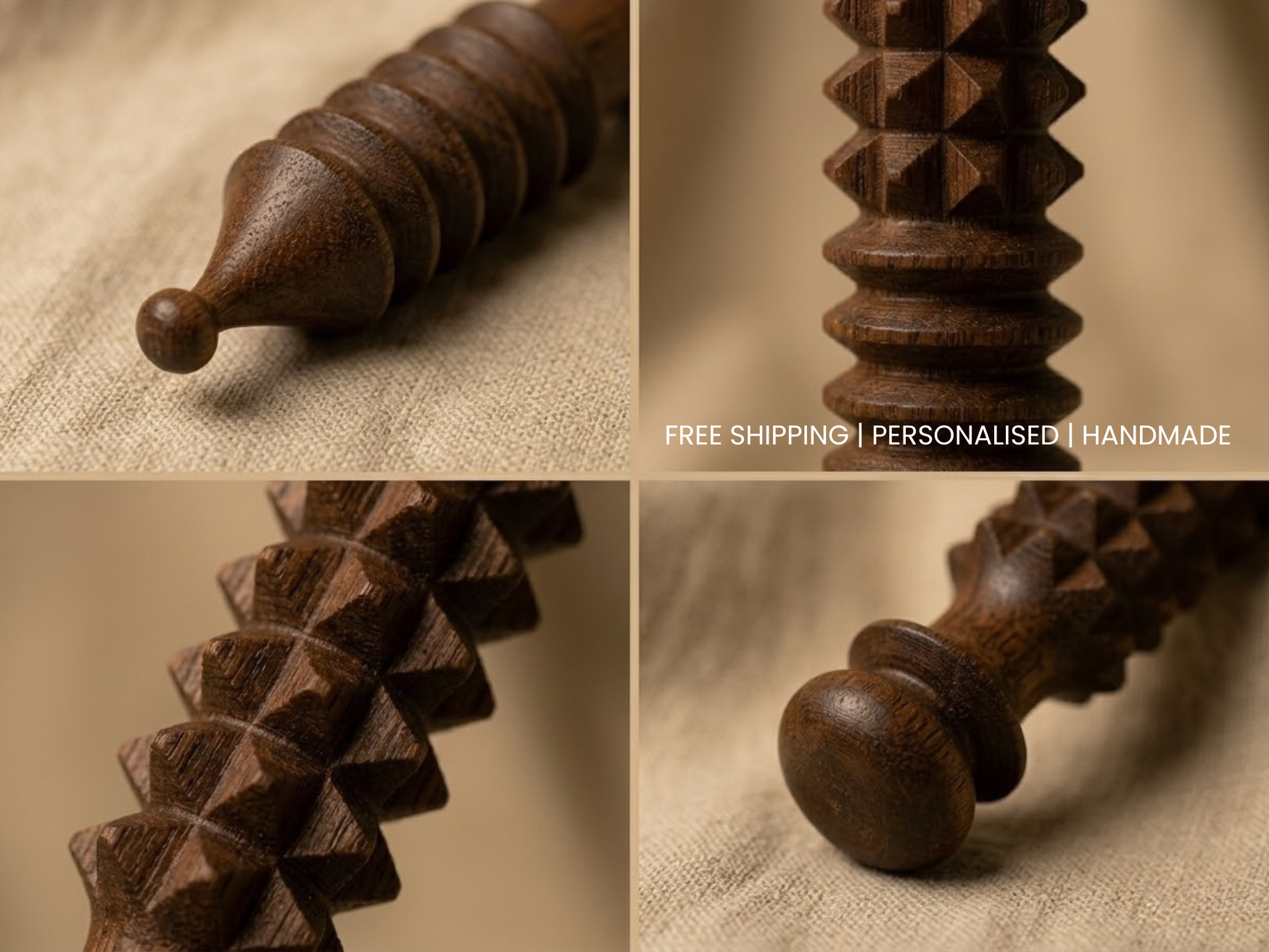 Close up of handmade wooden acupressure massage tool with textured pressure points.