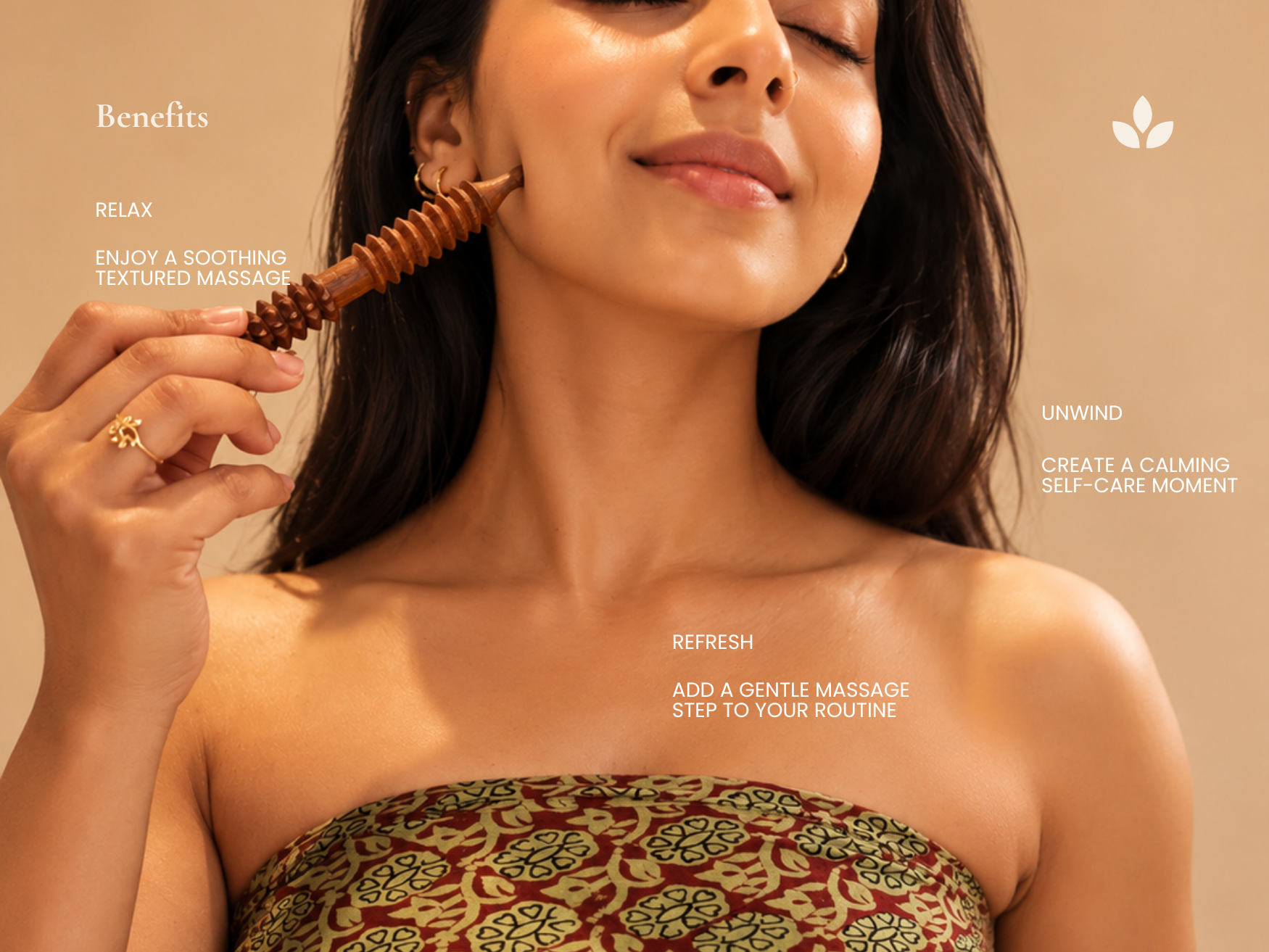 Wooden acupressure massage tool used on the face and neck for relaxation and gentle pressure massage.