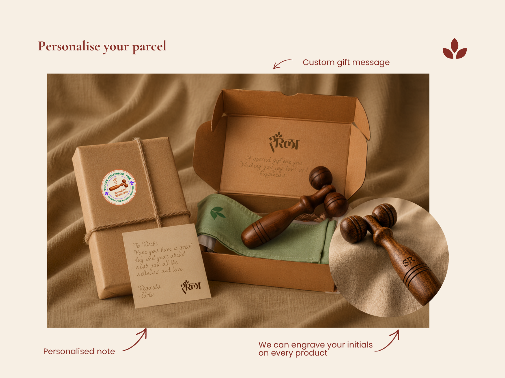 Personalized wooden facial massage roller gift set with engraved initials, message card, cotton pouch and cardboard box