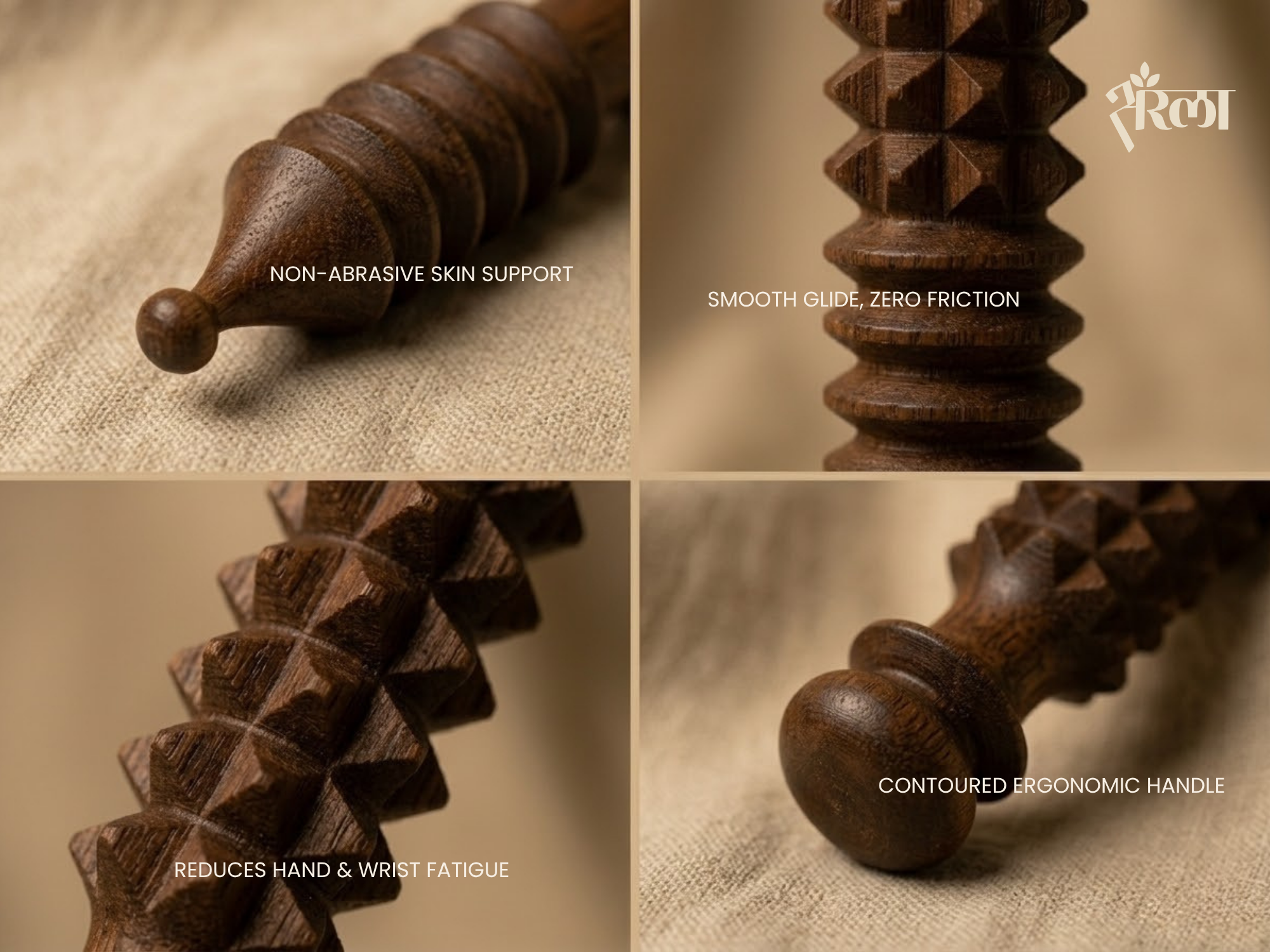 Close-up of wooden acupressure needle showing textured grip, smooth glide, and ergonomic handle. Highlights premium texture, comfort grip, and skin-friendly finish.