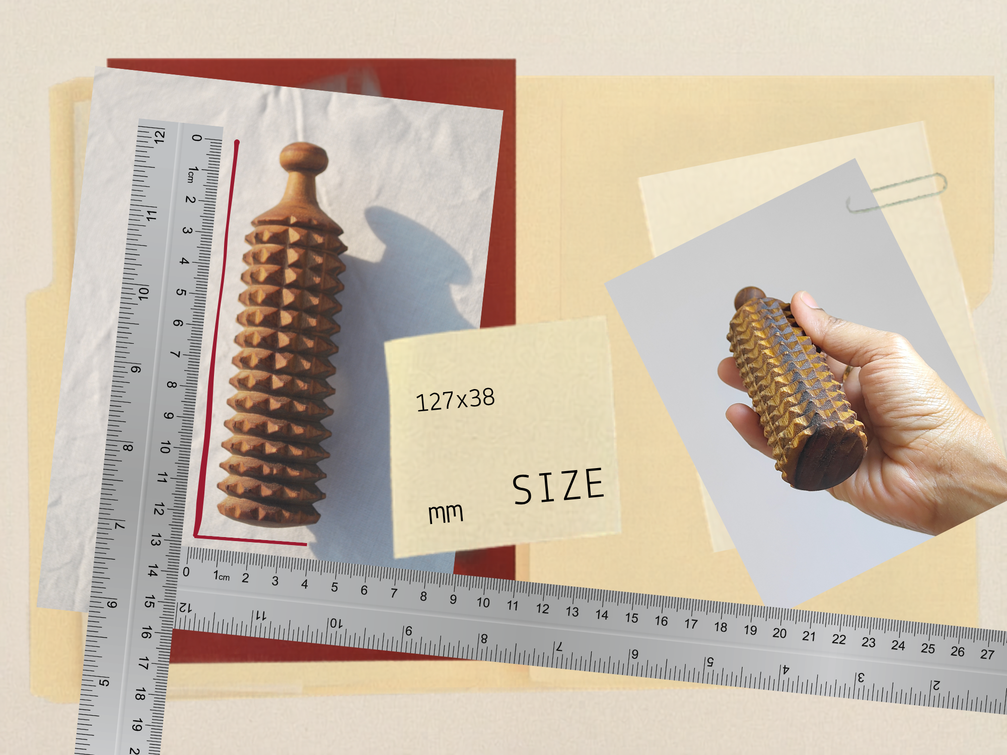 Size guide for wooden porcupine massage roller measuring 127 x 38 mm with handheld grip view.