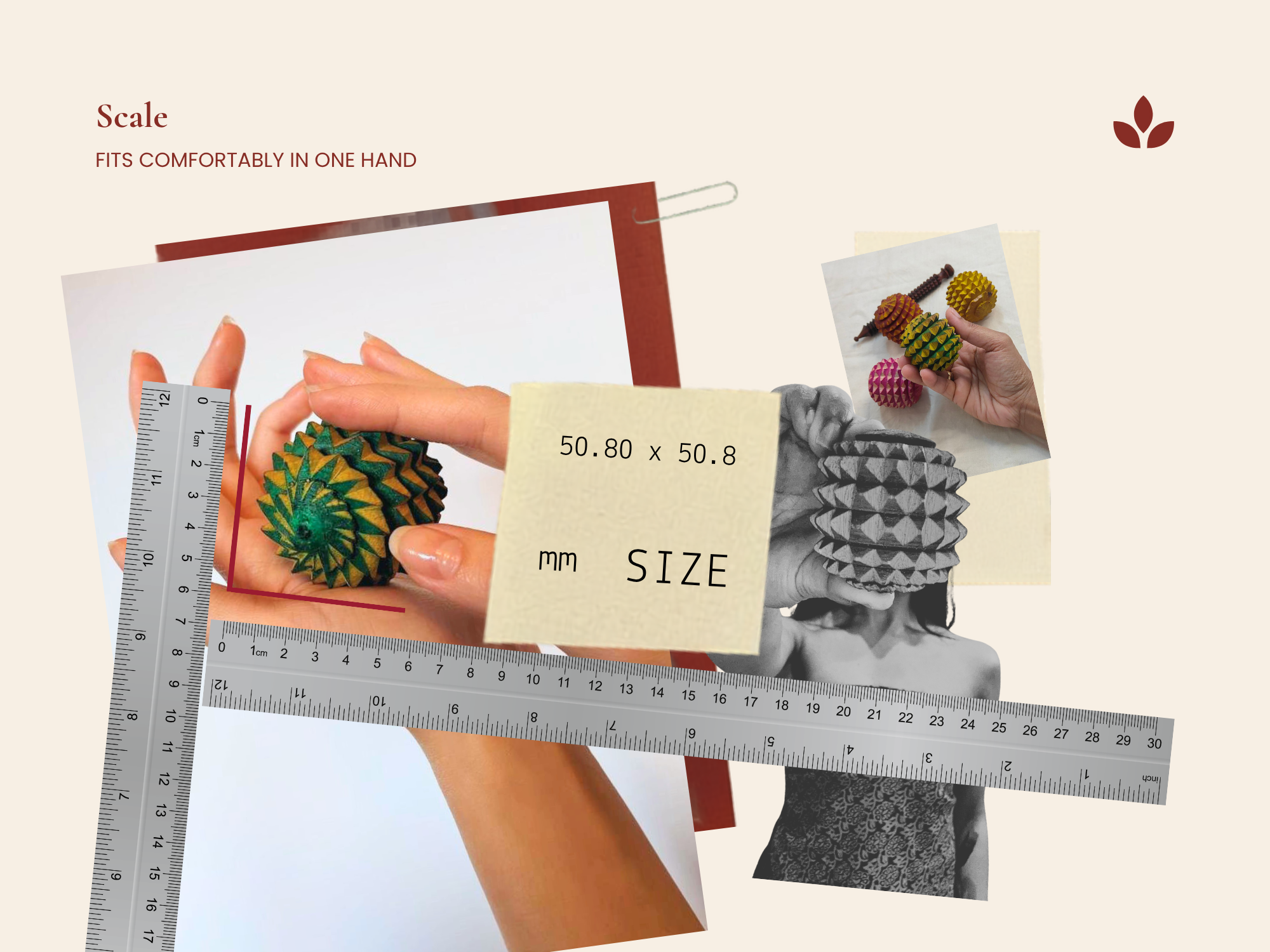 Wooden reflexology ball shown in hand demonstrating compact portable size Portable handheld wooden reflexology ball designed for daily wellness use
