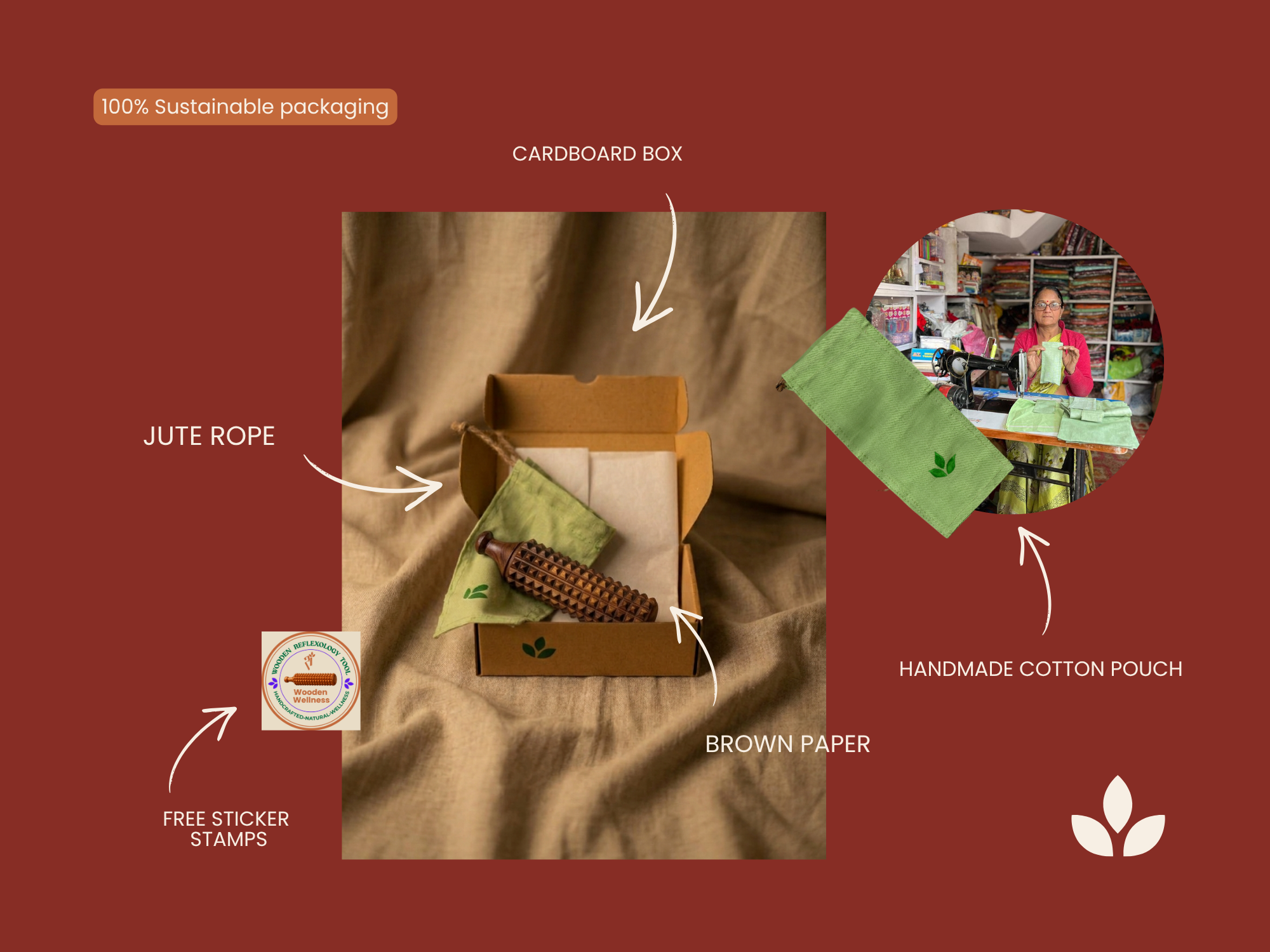 Wooden porcupine massage roller packed in cardboard box, cotton pouch, brown paper and jute rope.