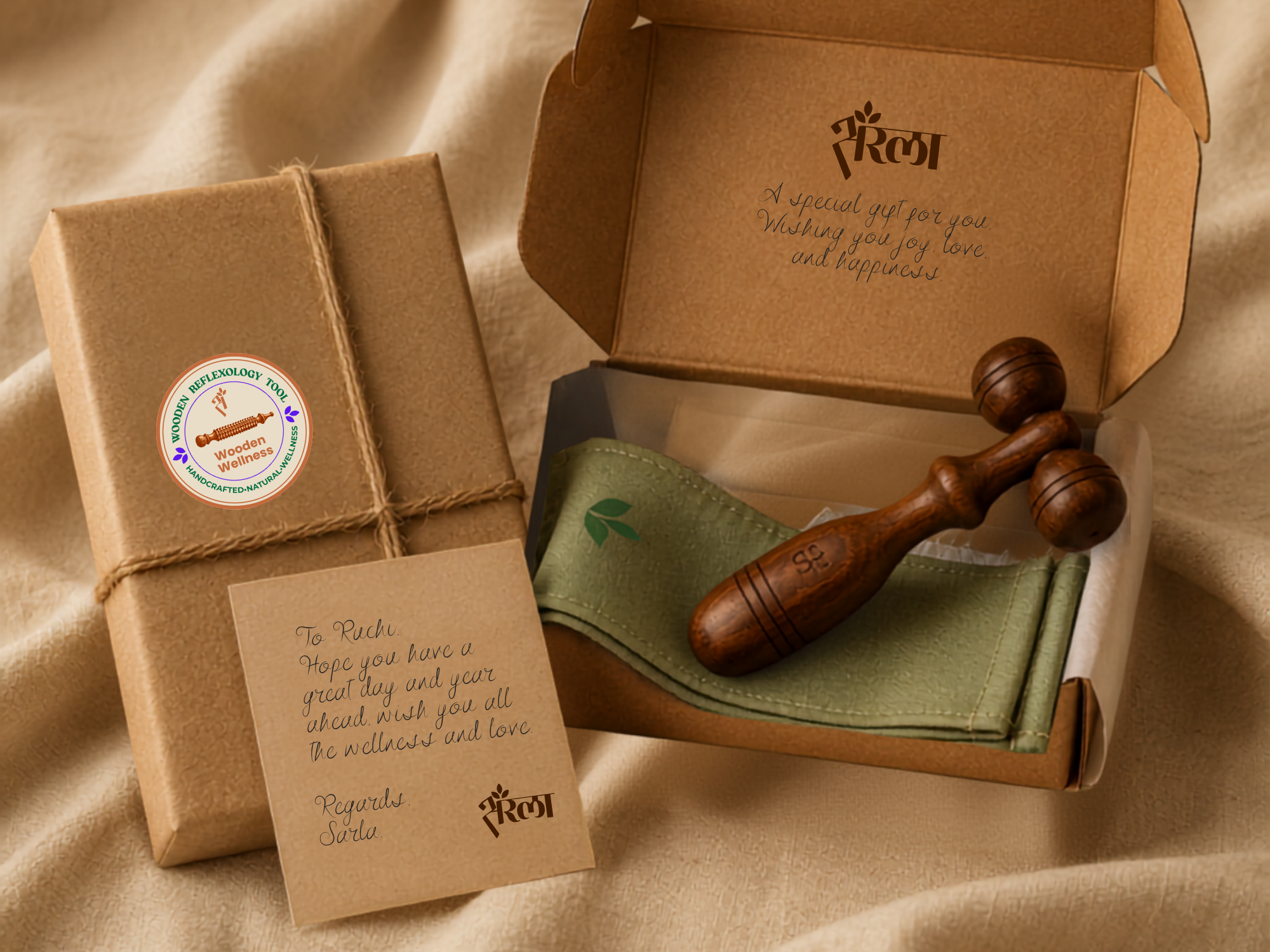 Wooden facial massage roller packed with cardboard box, cotton pouch, brown paper, jute rope, and sticker. Shows eco-friendly packaging and gift-ready presentation.