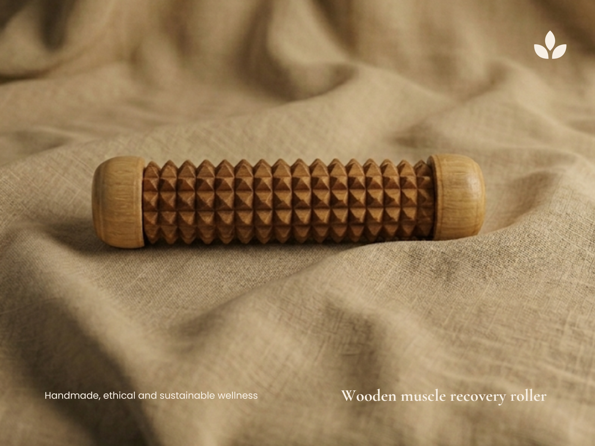Handmade wooden facial massage roller on linen, crafted for natural relaxation and pressure point care. Premium wooden roller photographed on natural linen for a calm handmade wellness lifestyle.
