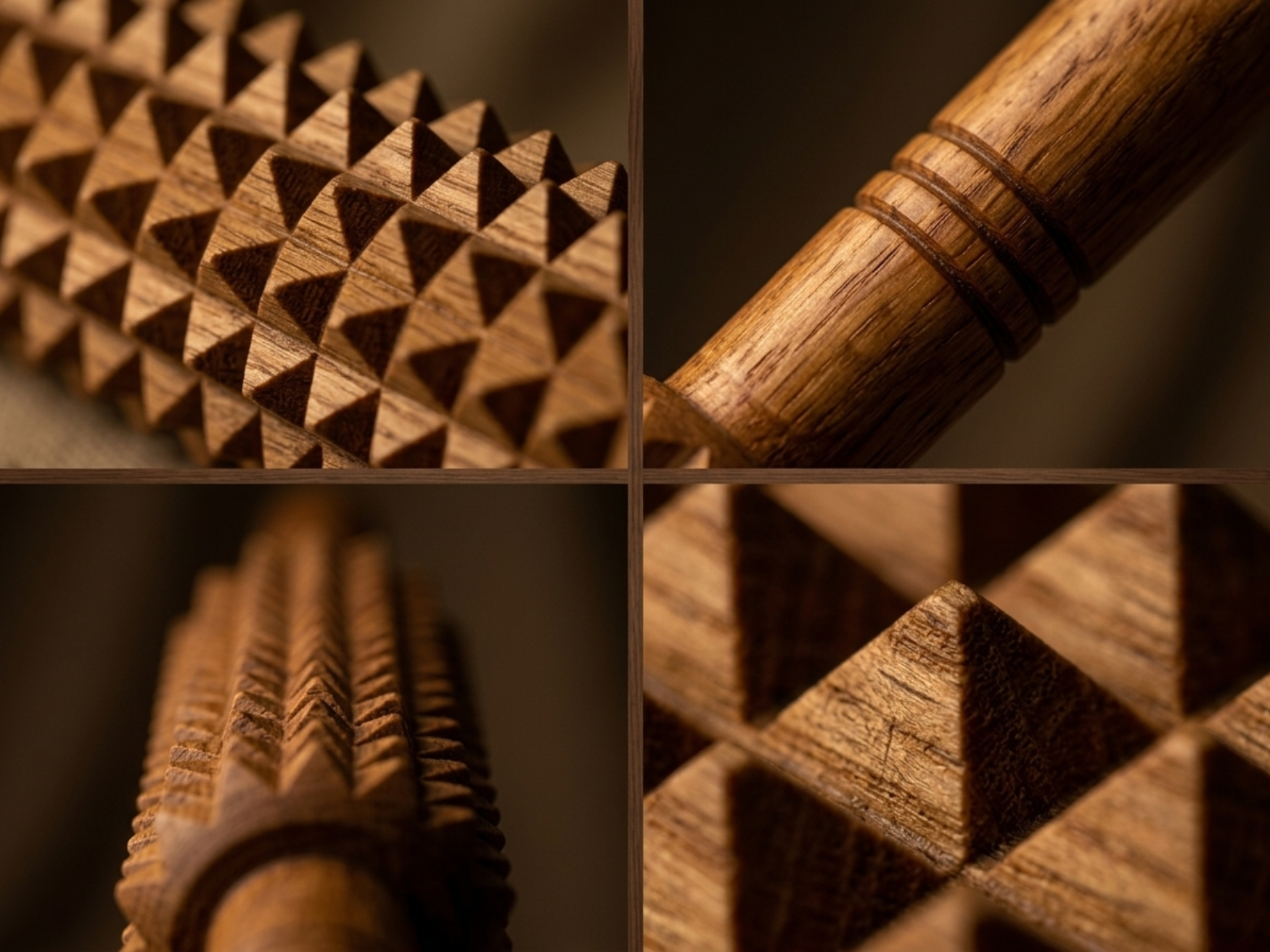 Close-up view of the textured wooden spikes and smooth handle of a handmade fascia release roller.