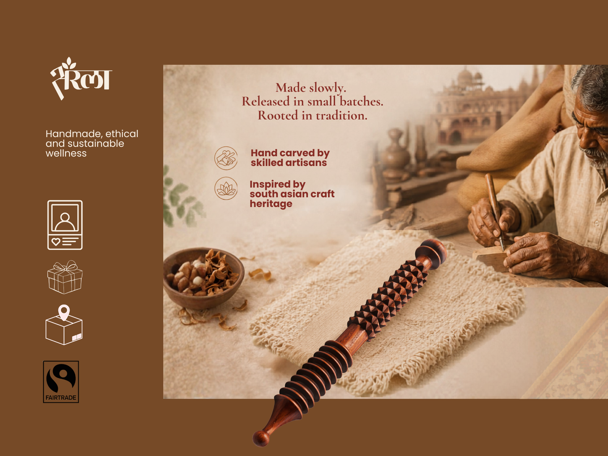 Handmade wooden acupressure needle inspired by Indian craft heritage and carved by skilled artisans. Builds buyer trust through artisan story and handmade origin.
