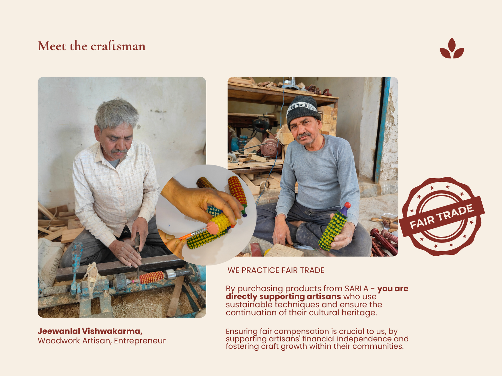 Artisan workshop image showing handmade wooden porcupine acupressure rollers and fair trade craft process.