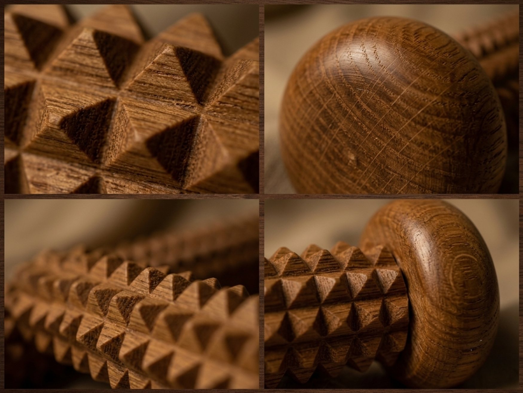 Close-up of textured wooden recovery roller with raised acupressure points and natural wood grain