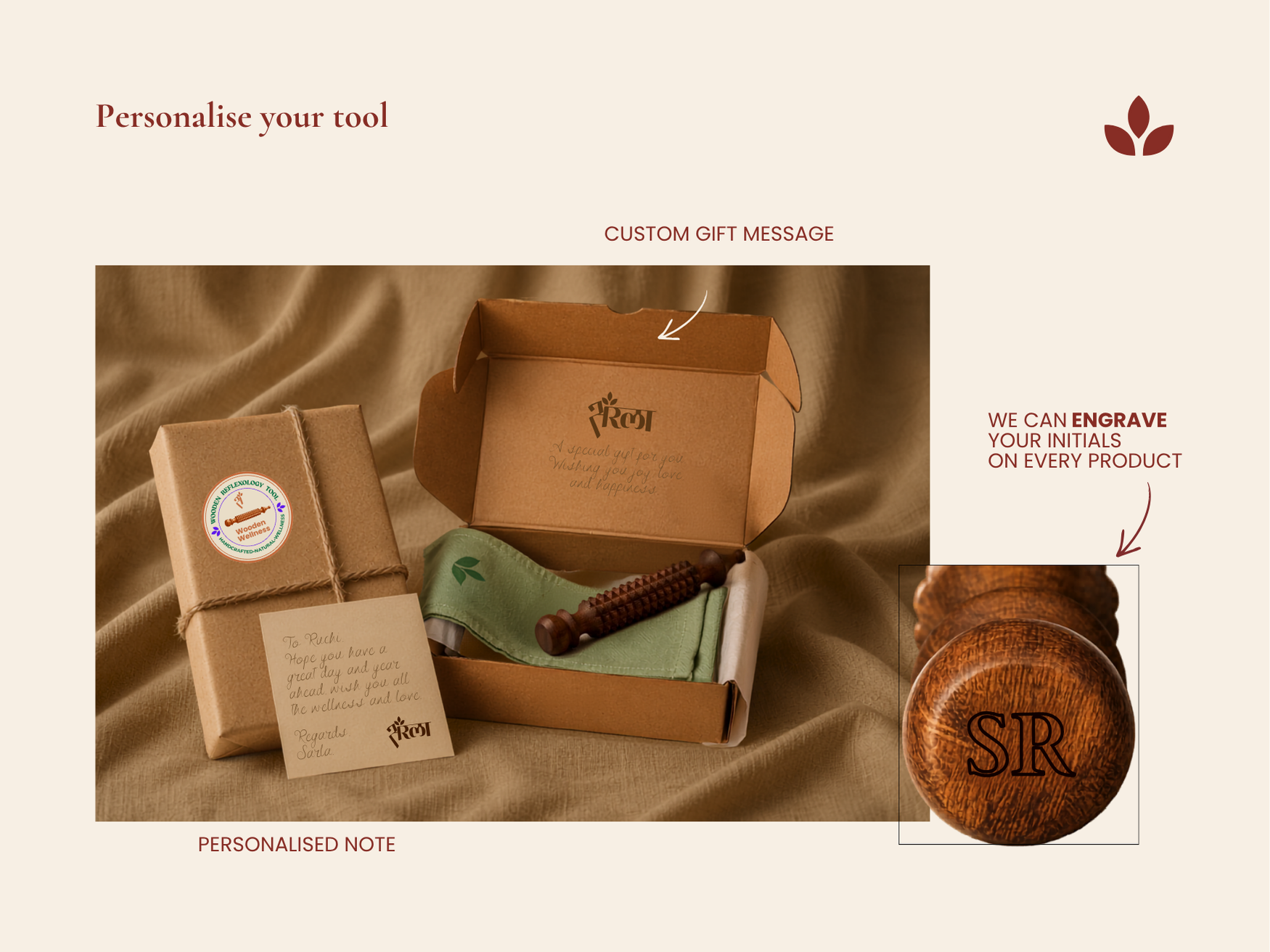 Personalised wooden facial acupressure tool with engraved initials, gift box, cotton pouch, and custom message card