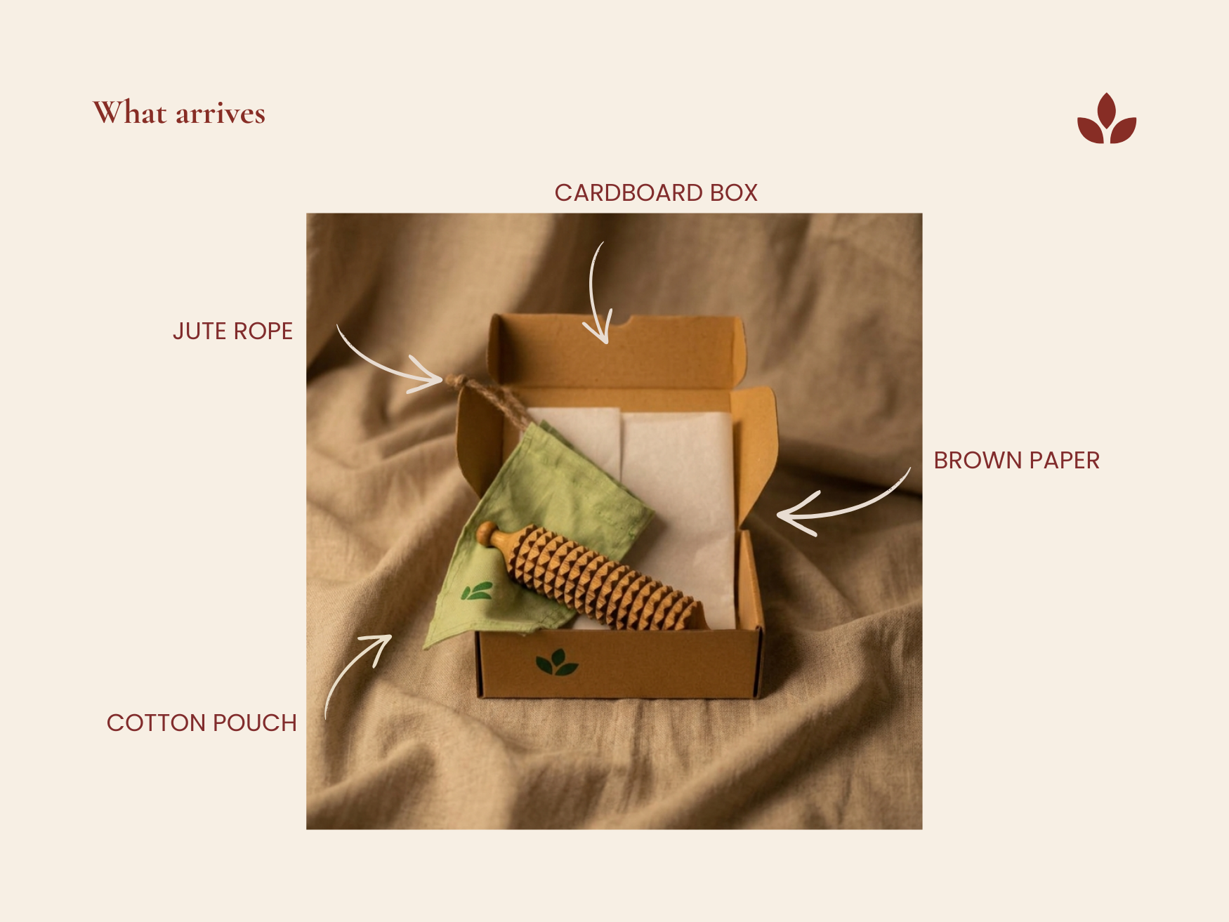 Porcupine massage roller gift packaging with cardboard box, cotton pouch, jute rope and brown paper