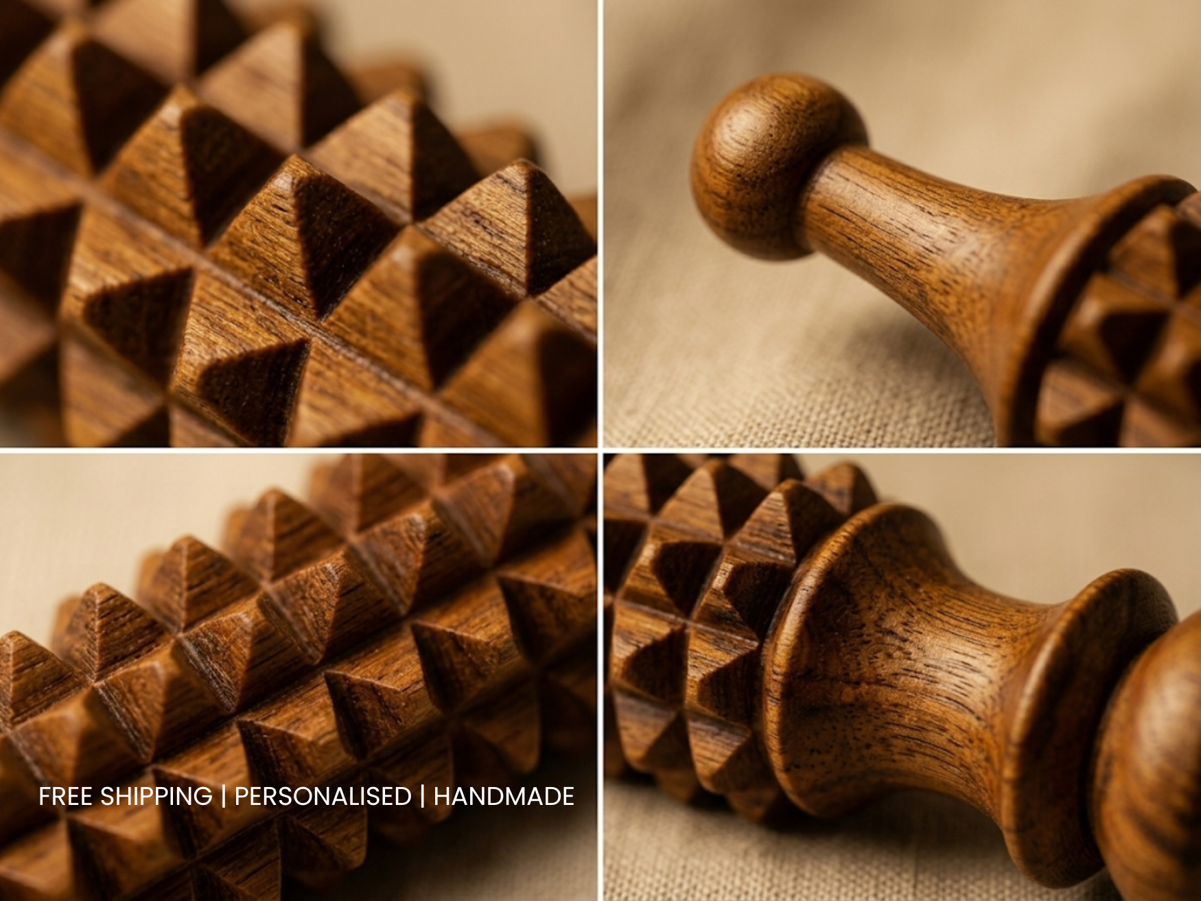 Close-up of textured handmade wooden facial acupressure tool showing carved pressure points and natural wood grain