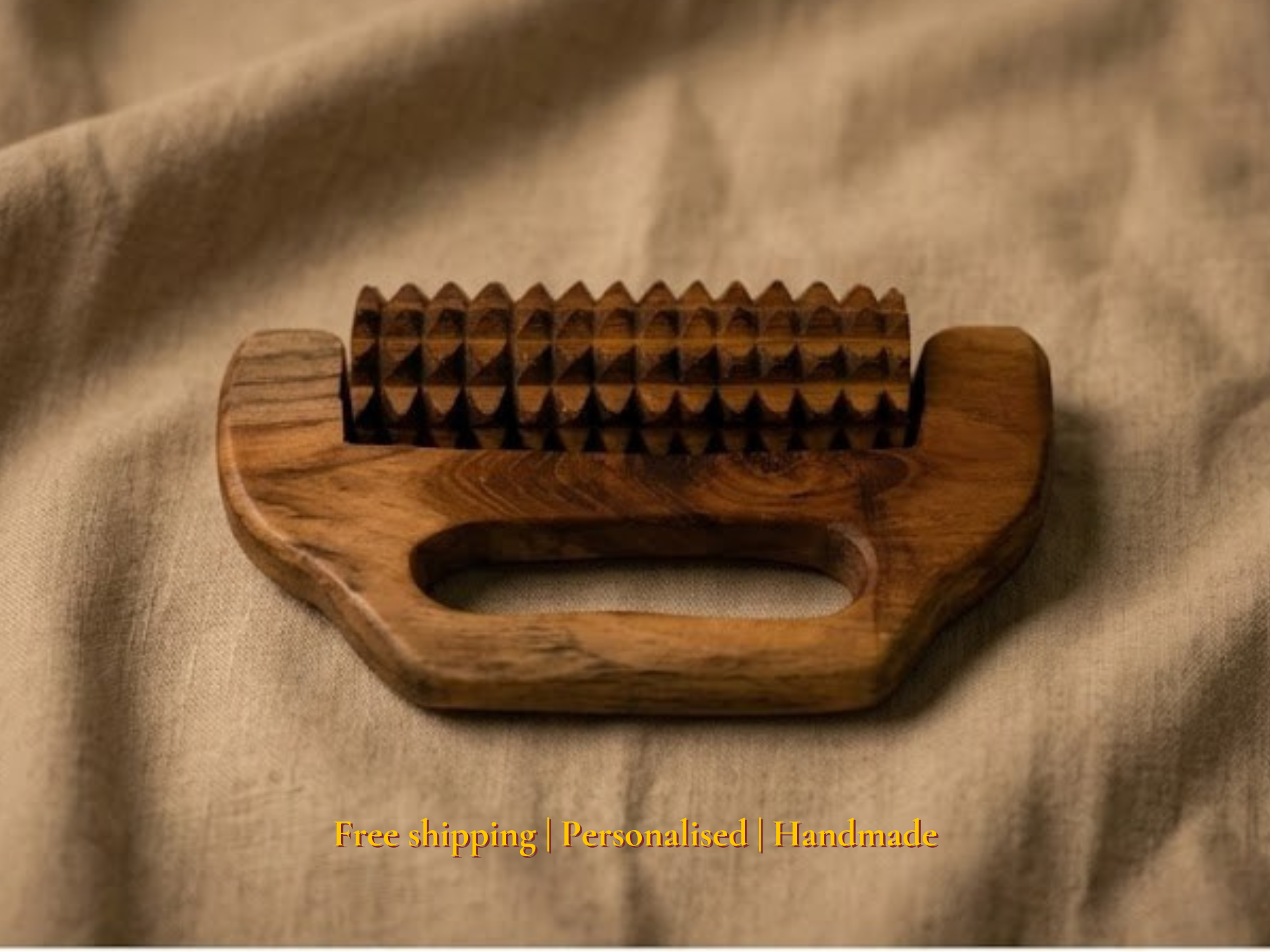 Handmade personalized wooden cellulite massager on linen cloth with natural grain and free shipping note. Clean product-focused slide highlighting handmade, personalized and free shipping benefits.