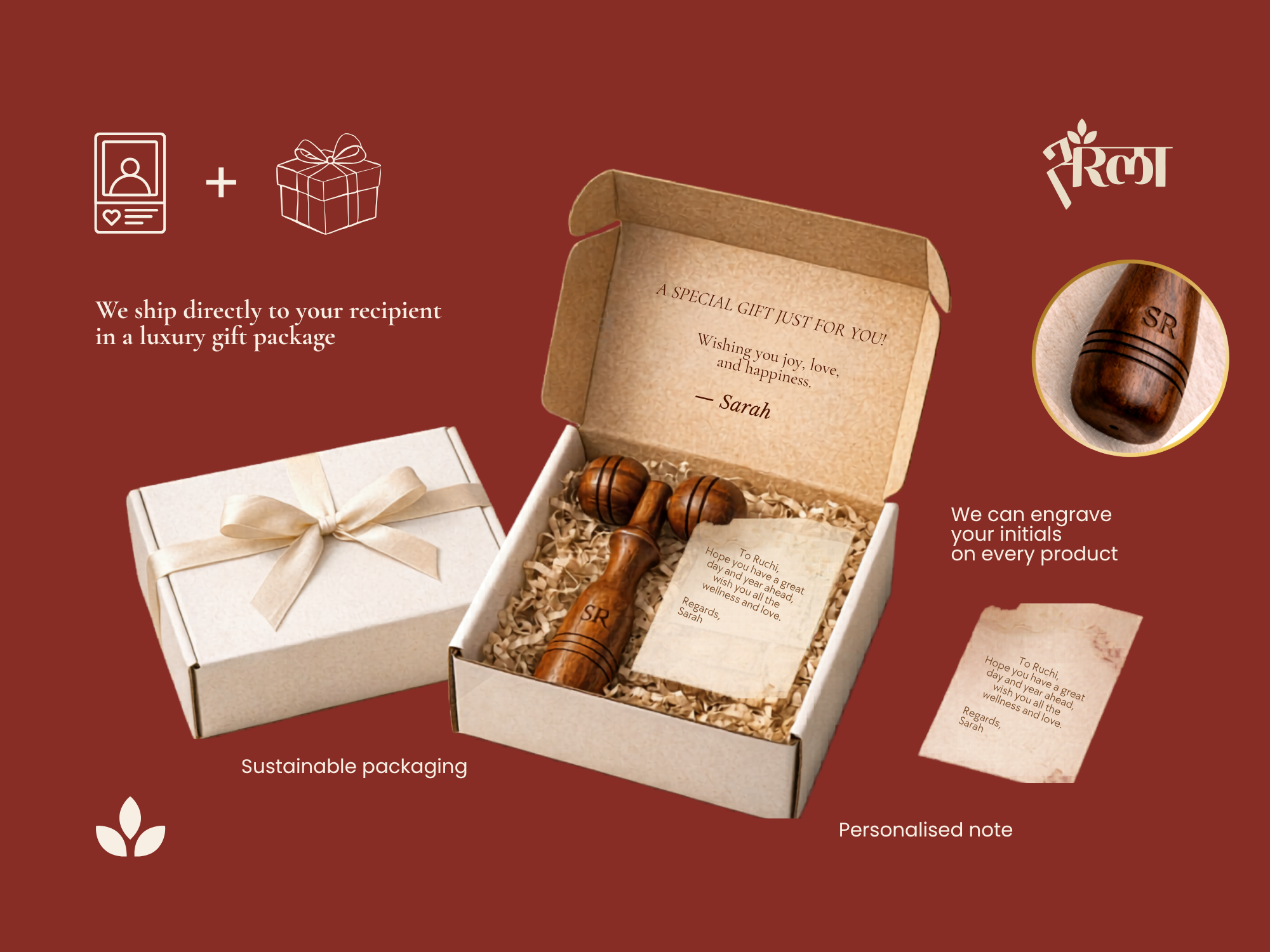 Personalised wooden face roller in luxury gift box with engraved initials and custom message note. Strong gifting slide for birthdays, wellness gifts, and direct shipping.