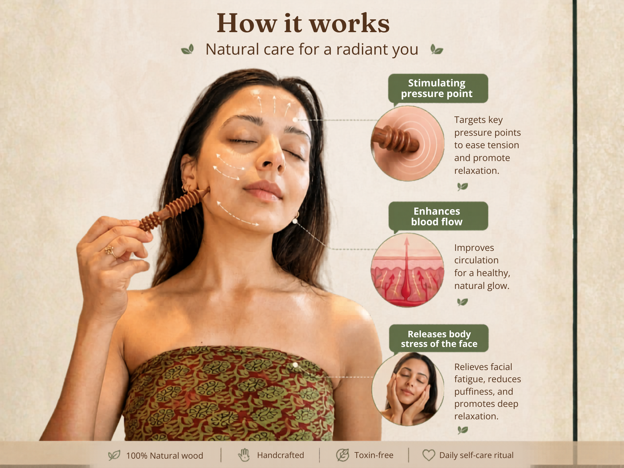 Wooden face massage tool used on cheeks and jawline to stimulate pressure points and support glow. Educational slide explaining facial use, pressure points, and relaxation benefits.