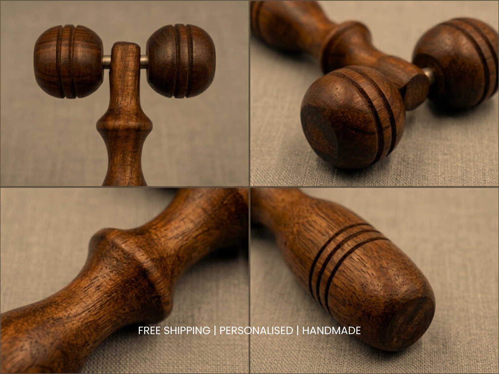 Close-up of handmade wooden facial massage roller showing natural wood grain and smooth double-ball design