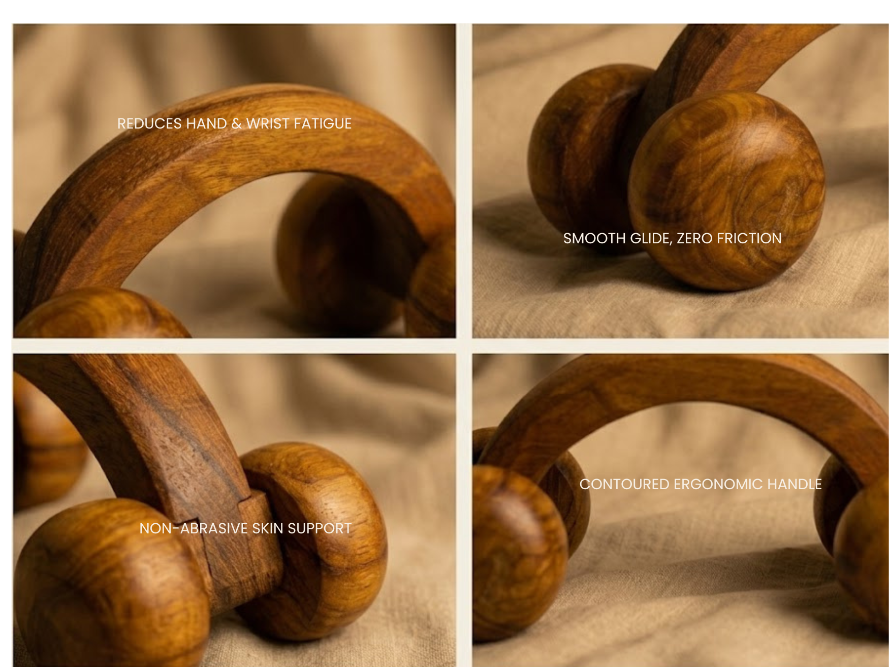 Close-up of smooth wooden relaxation massage roller showing rounded massage balls and ergonomic curved handle