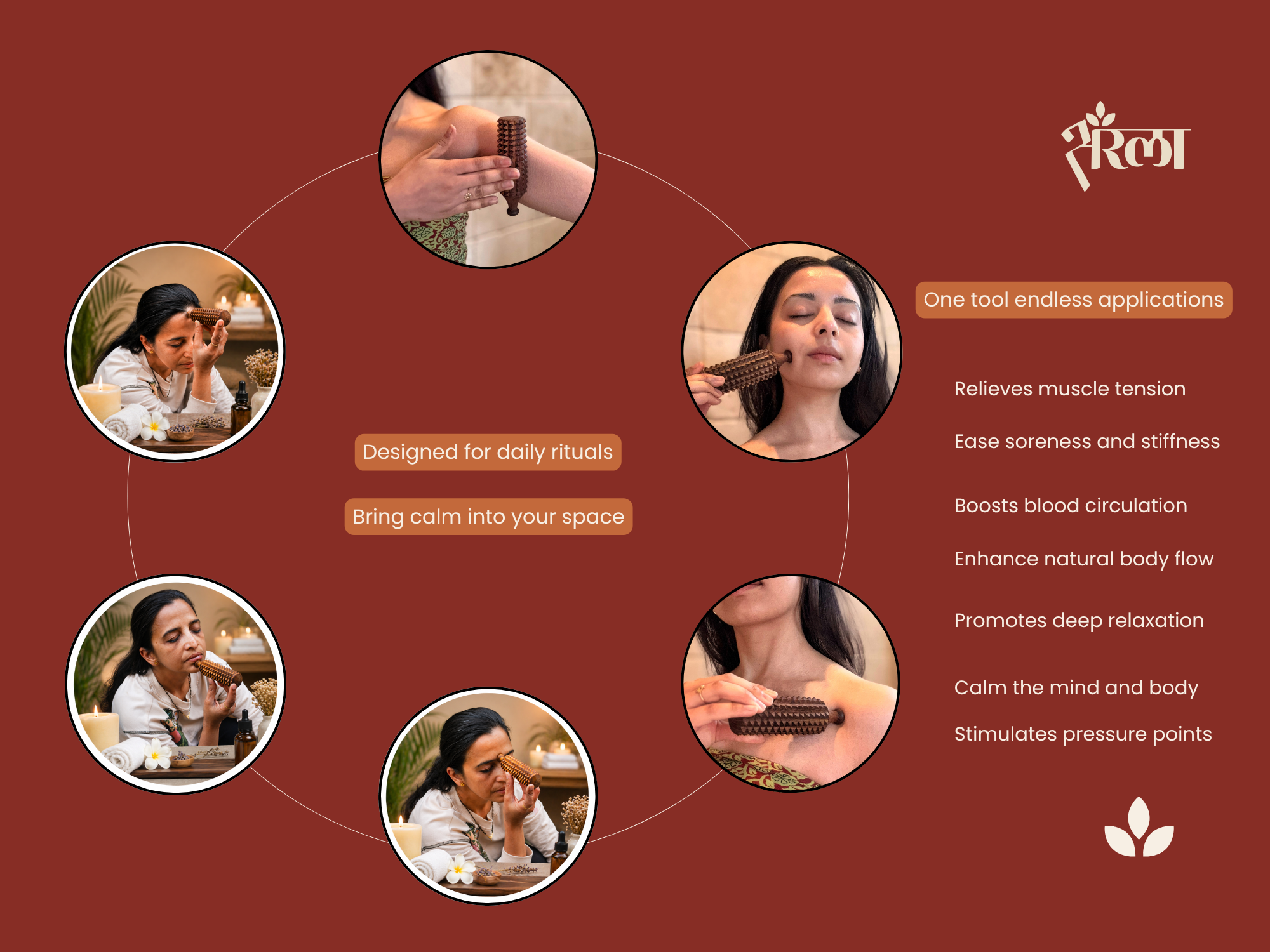 Wooden porcupine massage roller shown for face, neck and body care to ease tension and support relaxation.
