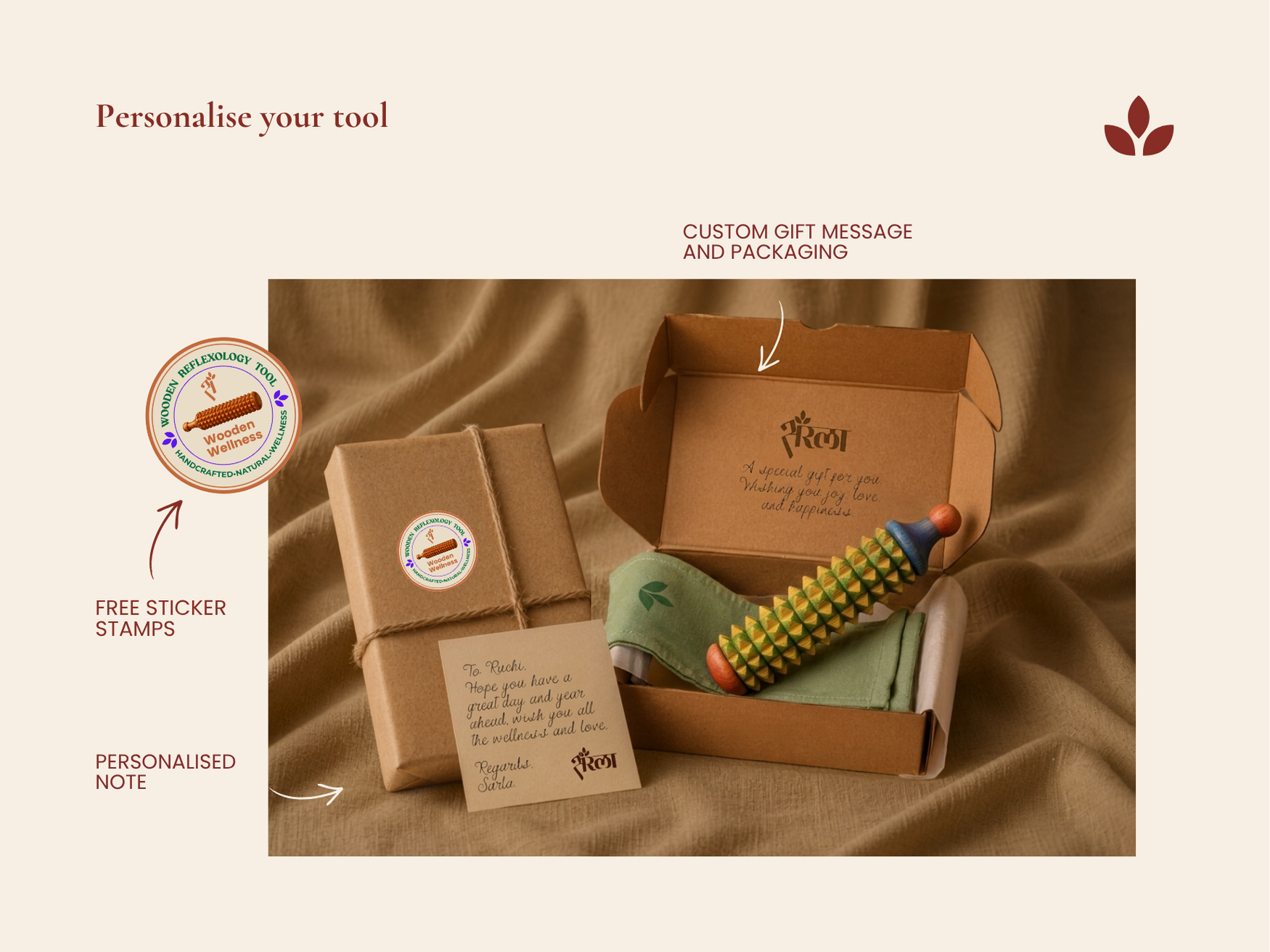 Personalised gift packaging with handmade porcupine acupressure roller, cotton pouch, sticker and handwritten note.