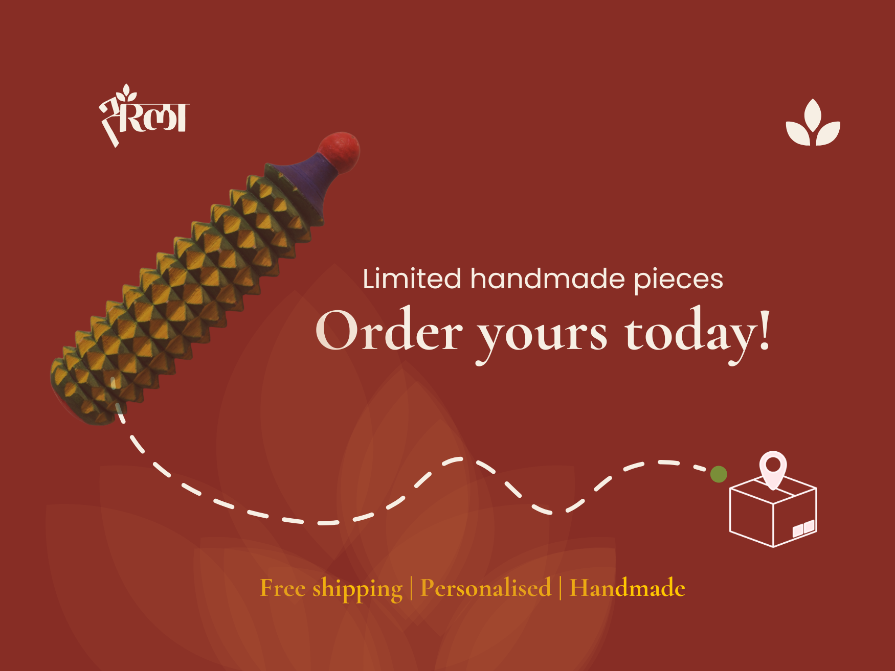Graphic featuring a handmade porcupine acupressure roller with order message, free shipping, personalisation and handmade product details.