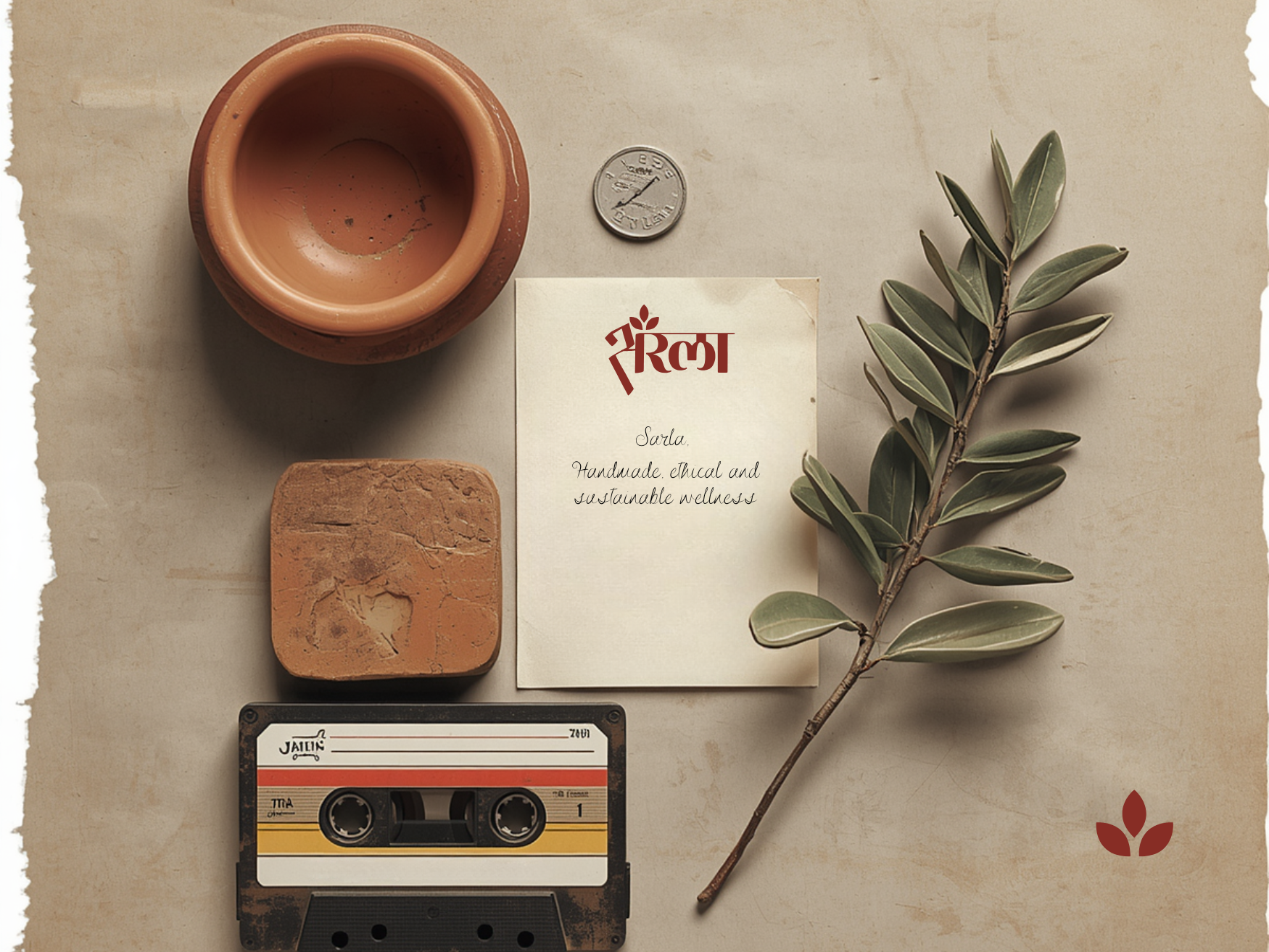 Top view of a vintage cassette tape, a brick, a small clay pot, a coin, a piece of paper with the word 'Sarla' and written text, and a leafy branch arranged on a light-colored surface for a flat lay composition.