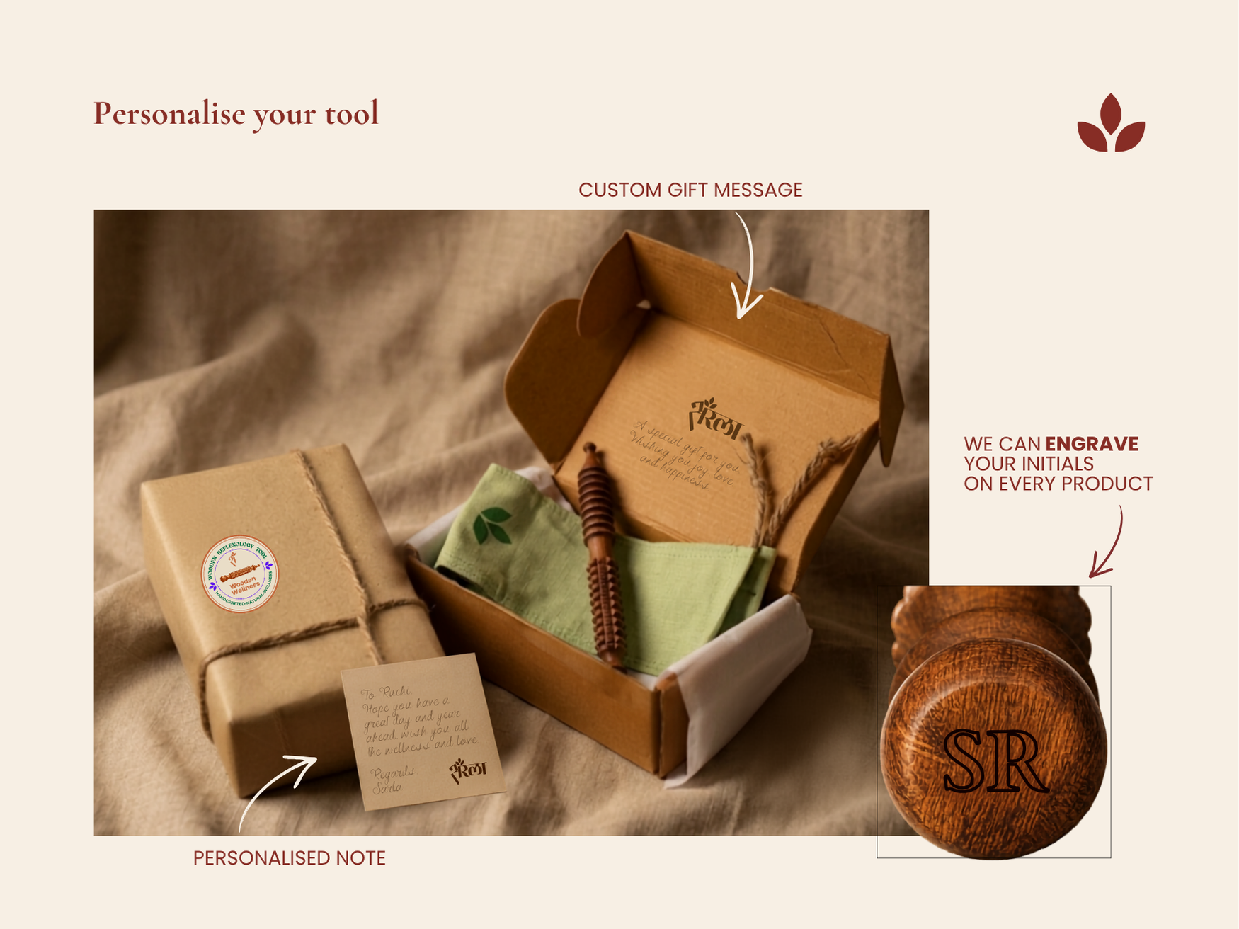 Personalised wooden acupressure massage tool with custom gift message and engraved initials.