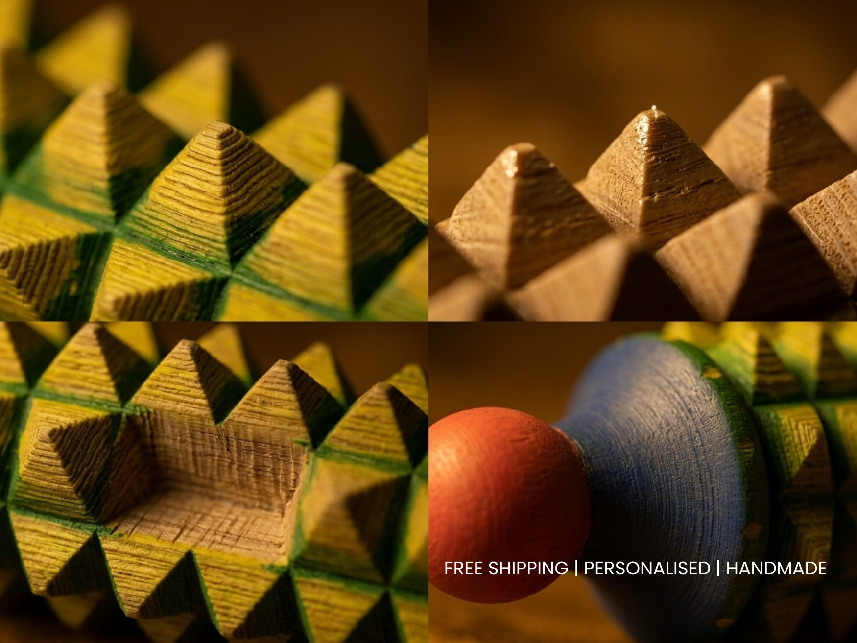 Close-up of the carved wooden spikes on a handmade porcupine acupressure roller showing natural texture and hand-painted detail.