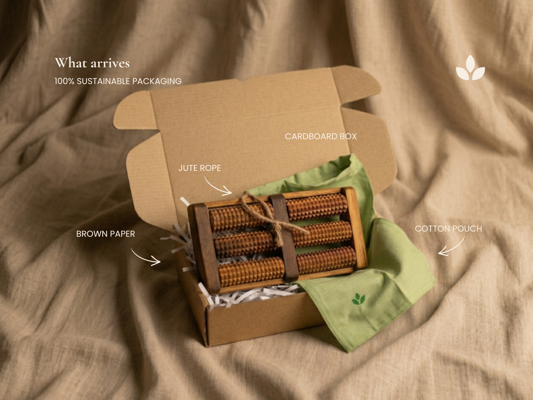 Wooden foot reflexology board packed in a cardboard box with jute rope, cotton pouch and paper filler.