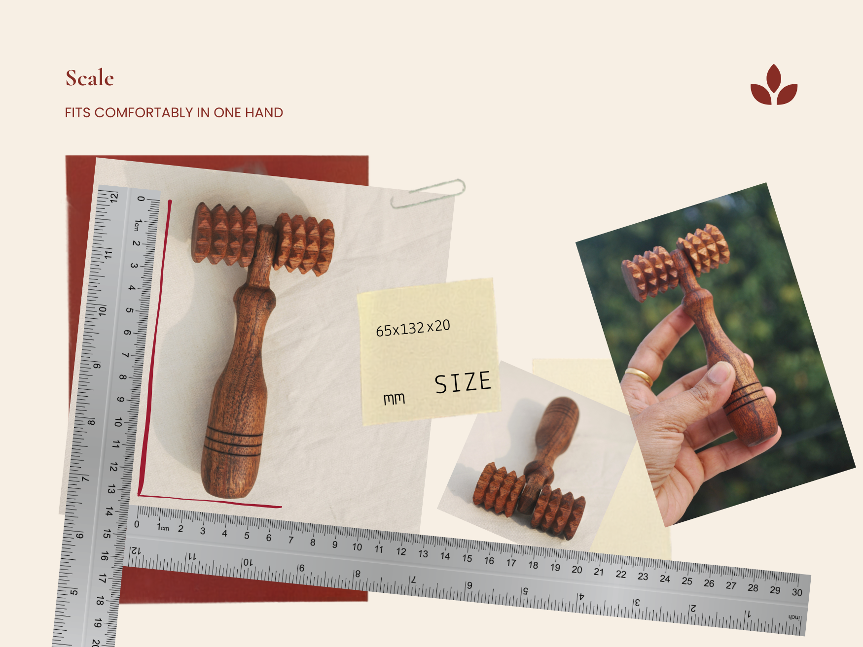 Wooden deep tissue massage roller shown with ruler, size 65 x 132 x 20 mm, fitting comfortably in one hand.
